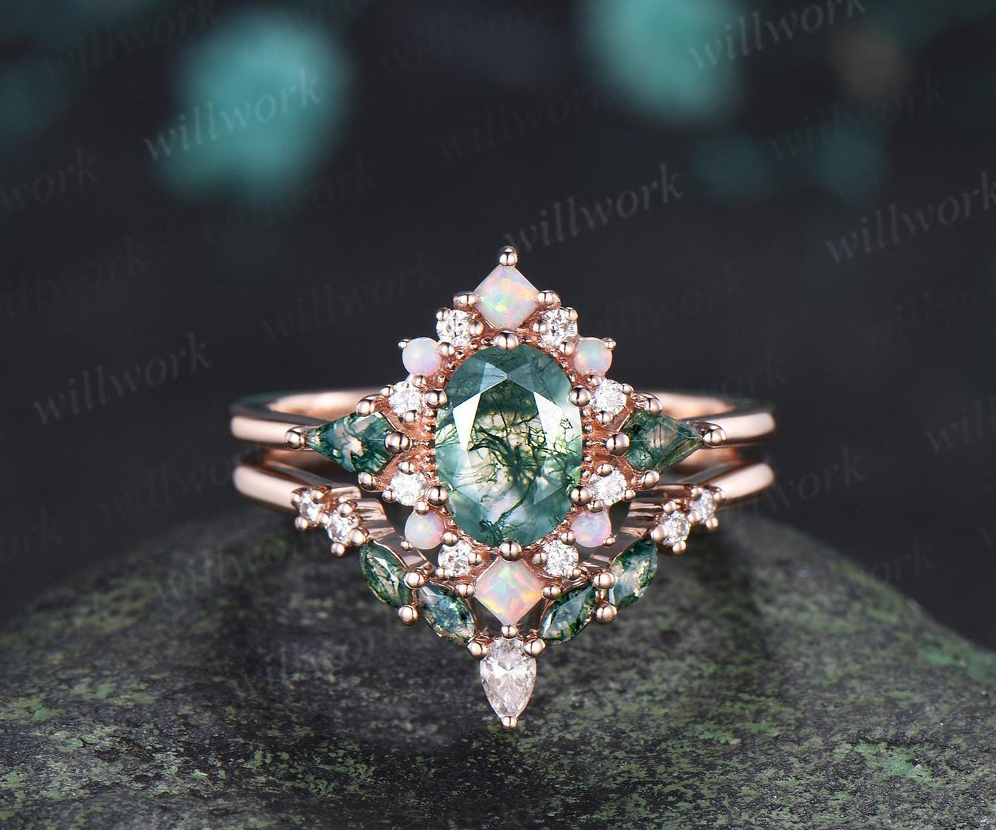 Marquise moss agate curved wedding band 14k rose gold pear moissanite matching stacking bridal wedding ring women gift
