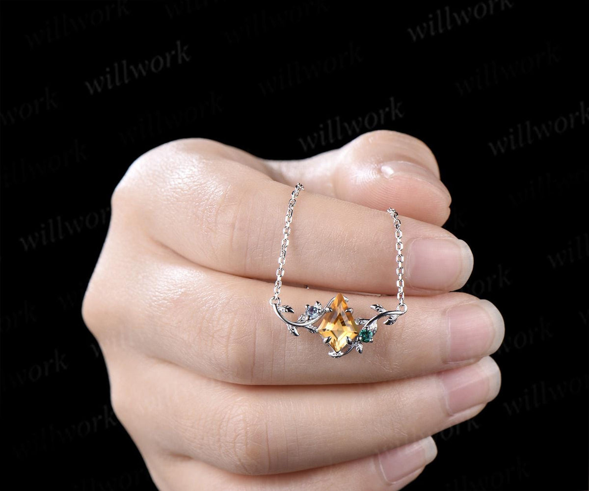 Kite cut yellow citrine necklace vintage twisted leaf nature inspired three stone emerald alexandrite women anniversary bridal gift mother