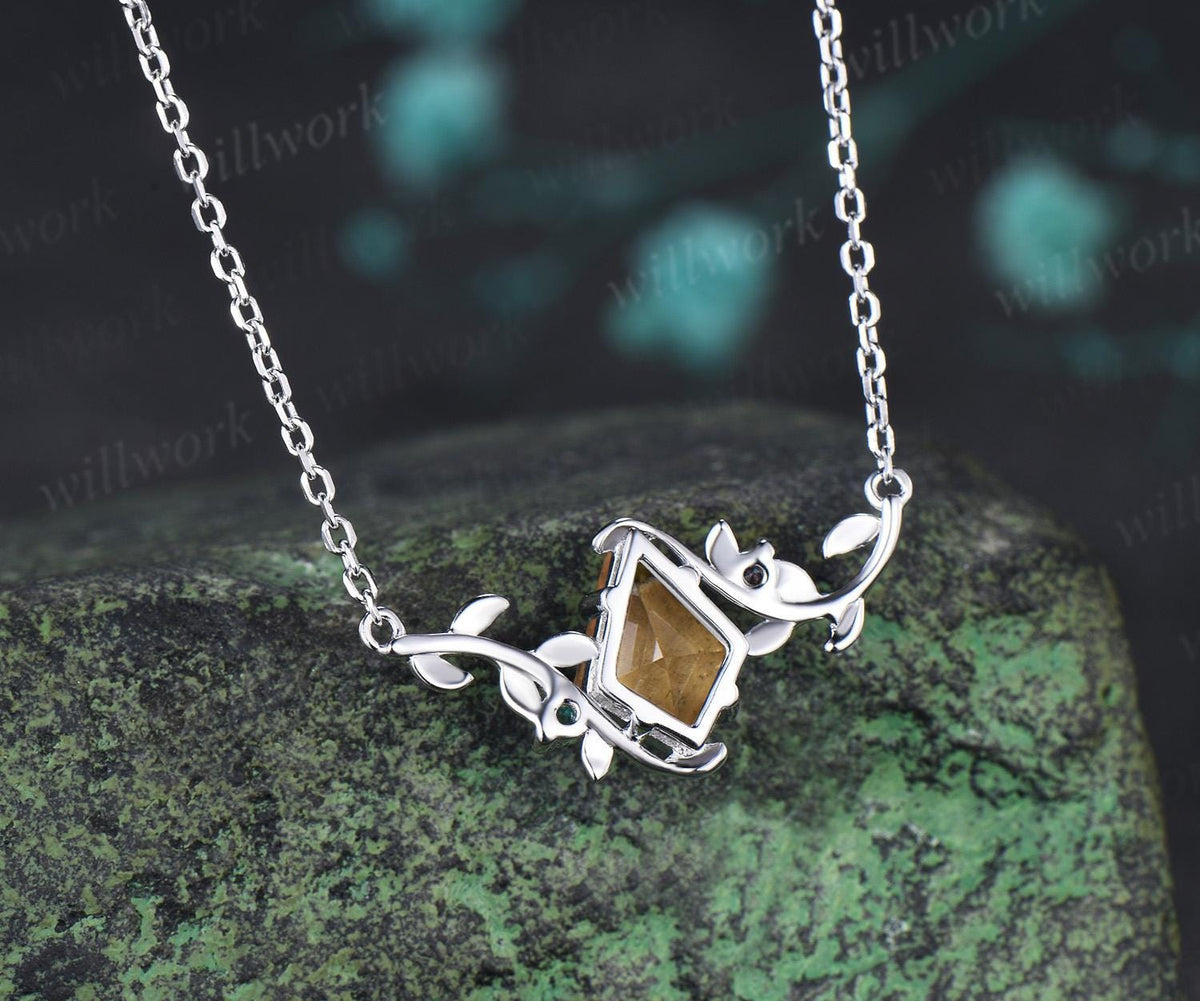 Kite cut yellow citrine necklace vintage twisted leaf nature inspired three stone emerald alexandrite women anniversary bridal gift mother