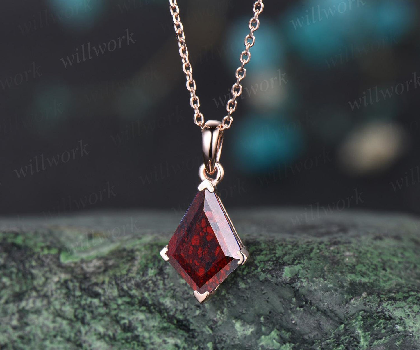 Kite cut red bloodstone necklace solid 14k 18k rose gold vintage unique pendant women her gemstone anniversary bridal gift mother