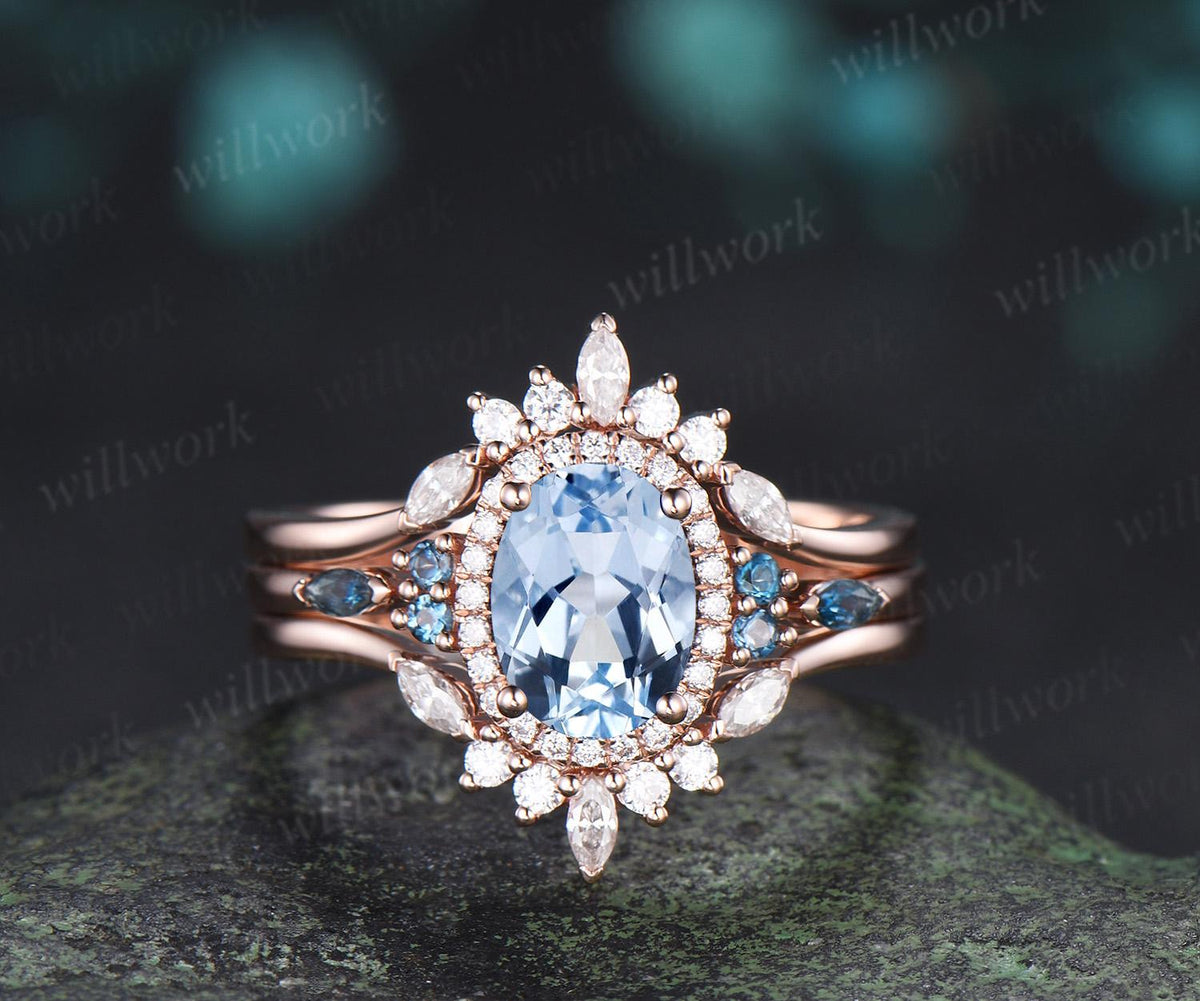 Oval cut aquamarine engagement ring rose gold halo London blue topaz stacking bridal wedding ring set women jewelry