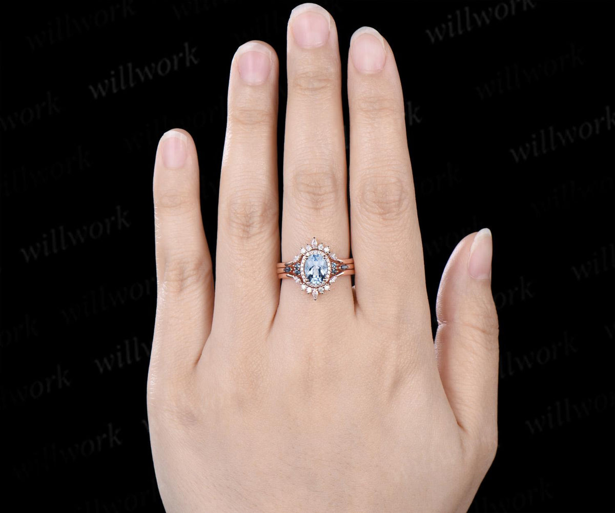 Oval cut aquamarine engagement ring rose gold halo London blue topaz stacking bridal wedding ring set women jewelry