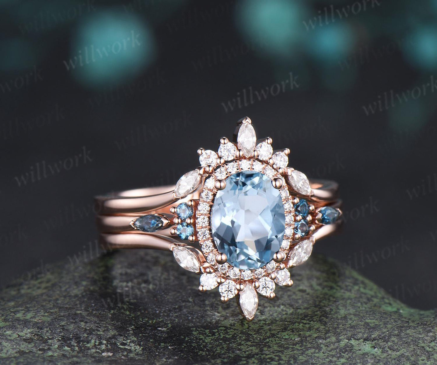Oval cut aquamarine engagement ring rose gold halo London blue topaz stacking bridal wedding ring set women jewelry