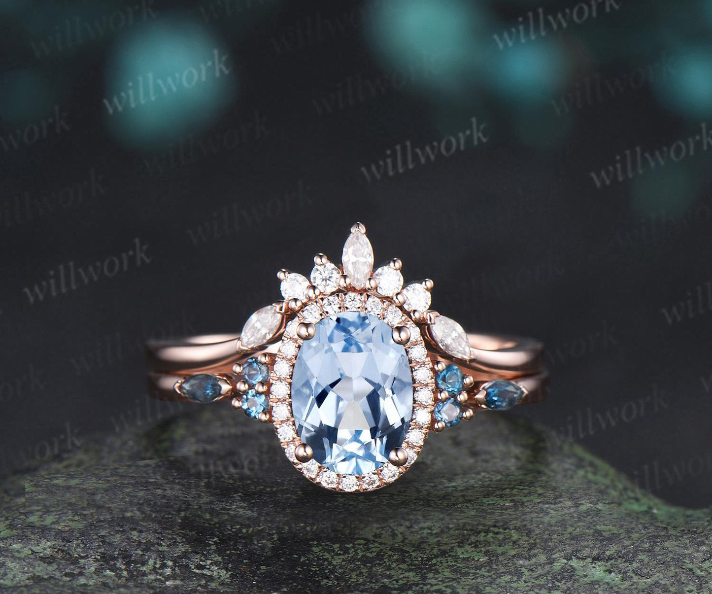 Oval cut aquamarine engagement ring rose gold halo London blue topaz stacking bridal wedding ring set women jewelry