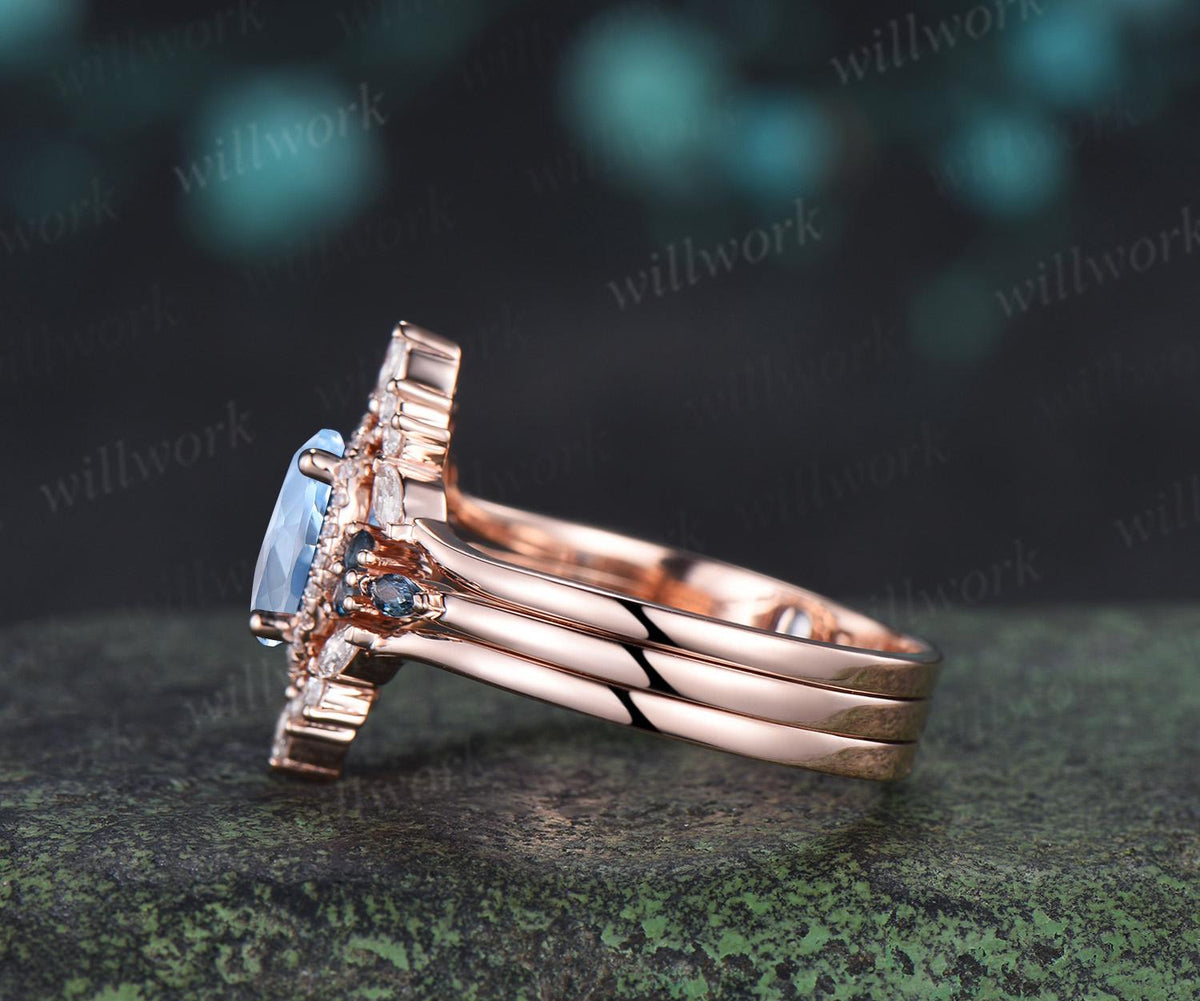 Oval cut aquamarine engagement ring rose gold halo London blue topaz stacking bridal wedding ring set women jewelry