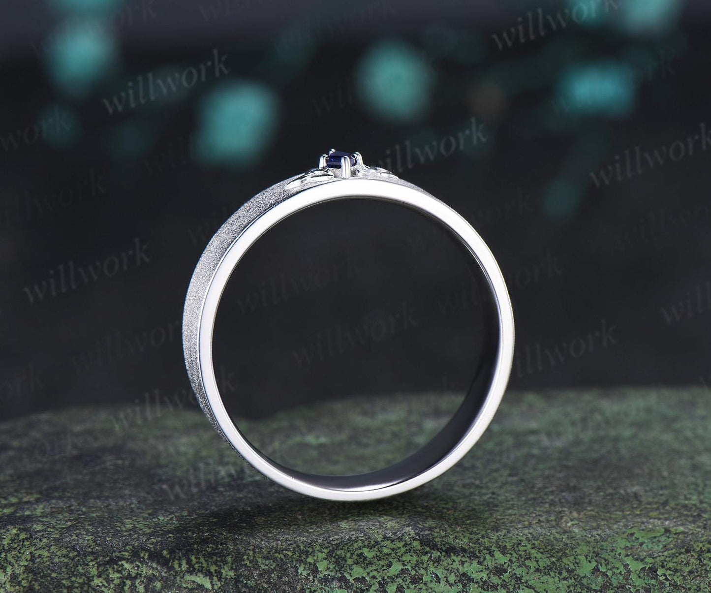 Kite sapphire celtic knot wedding band mens brushed bridal ring 14k white gold retro anniversary gift silver