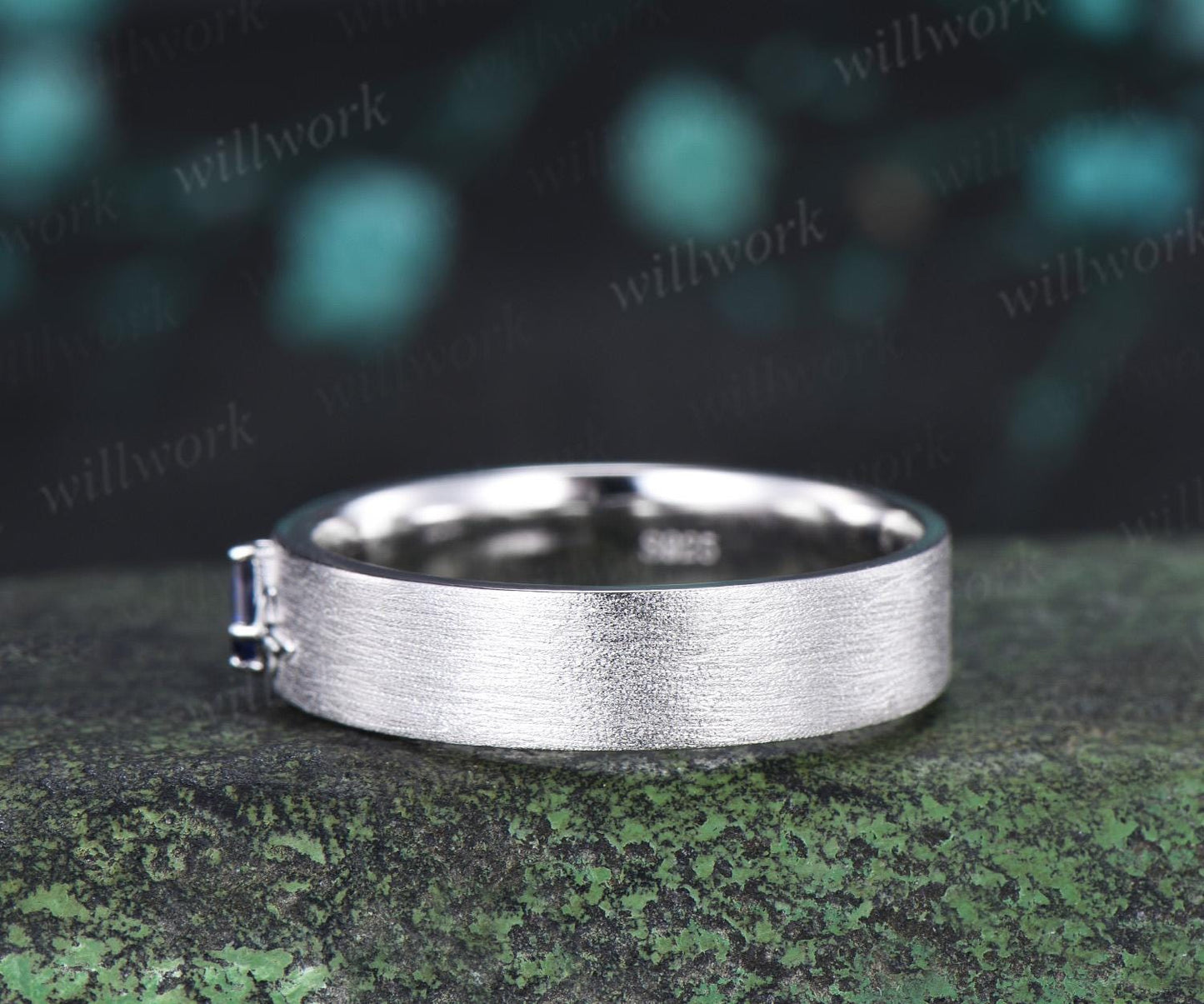 Kite sapphire celtic knot wedding band mens brushed bridal ring 14k white gold retro anniversary gift silver