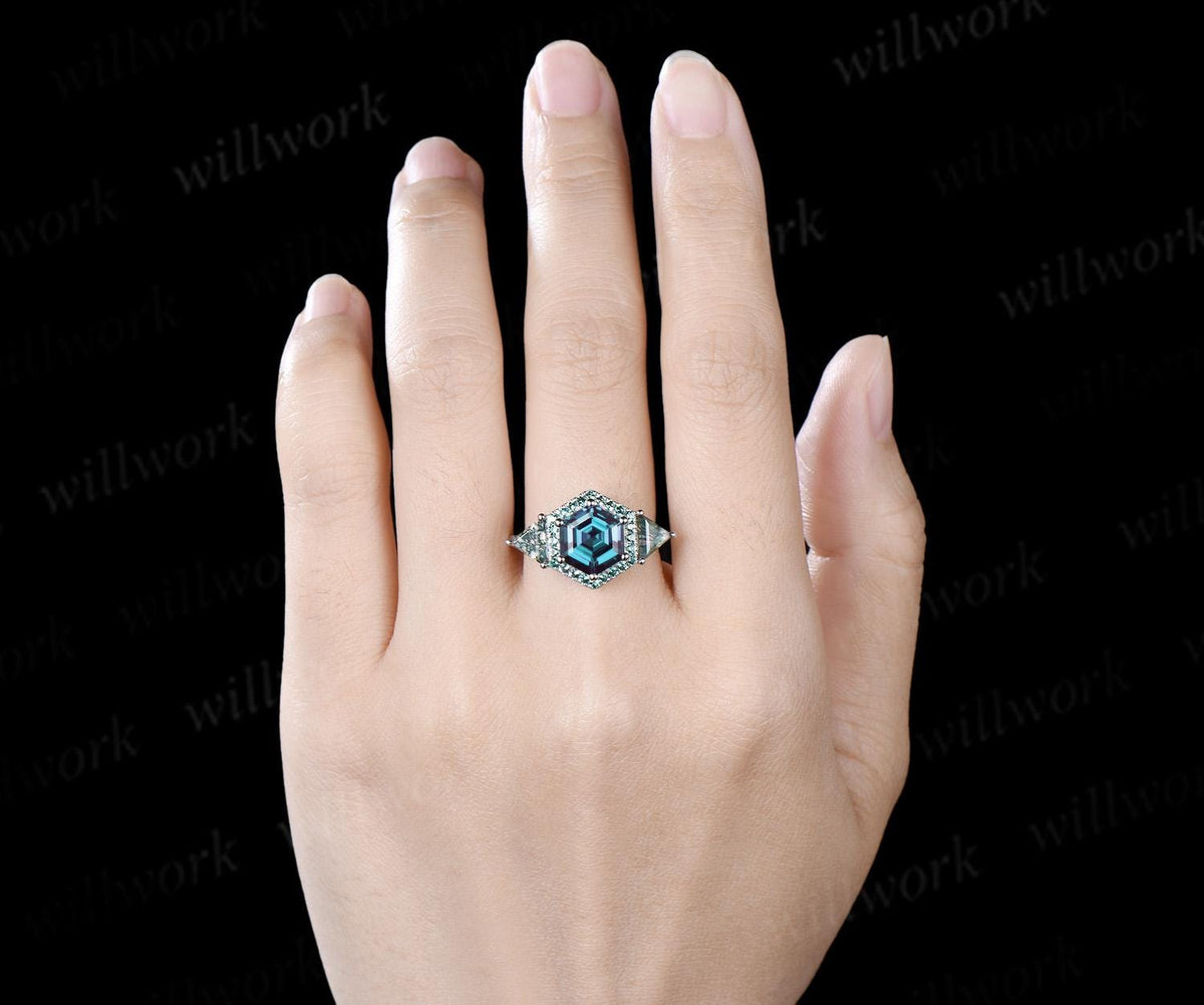 2ct hexagon cut alexandrite engagement ring 14k white gold halo emerald trillion moss agate promise wedding ring women silver