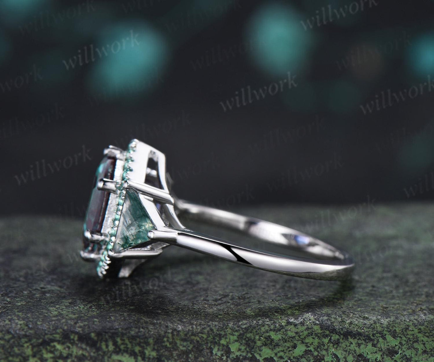 2ct hexagon cut alexandrite engagement ring 14k white gold halo emerald trillion moss agate promise wedding ring women silver