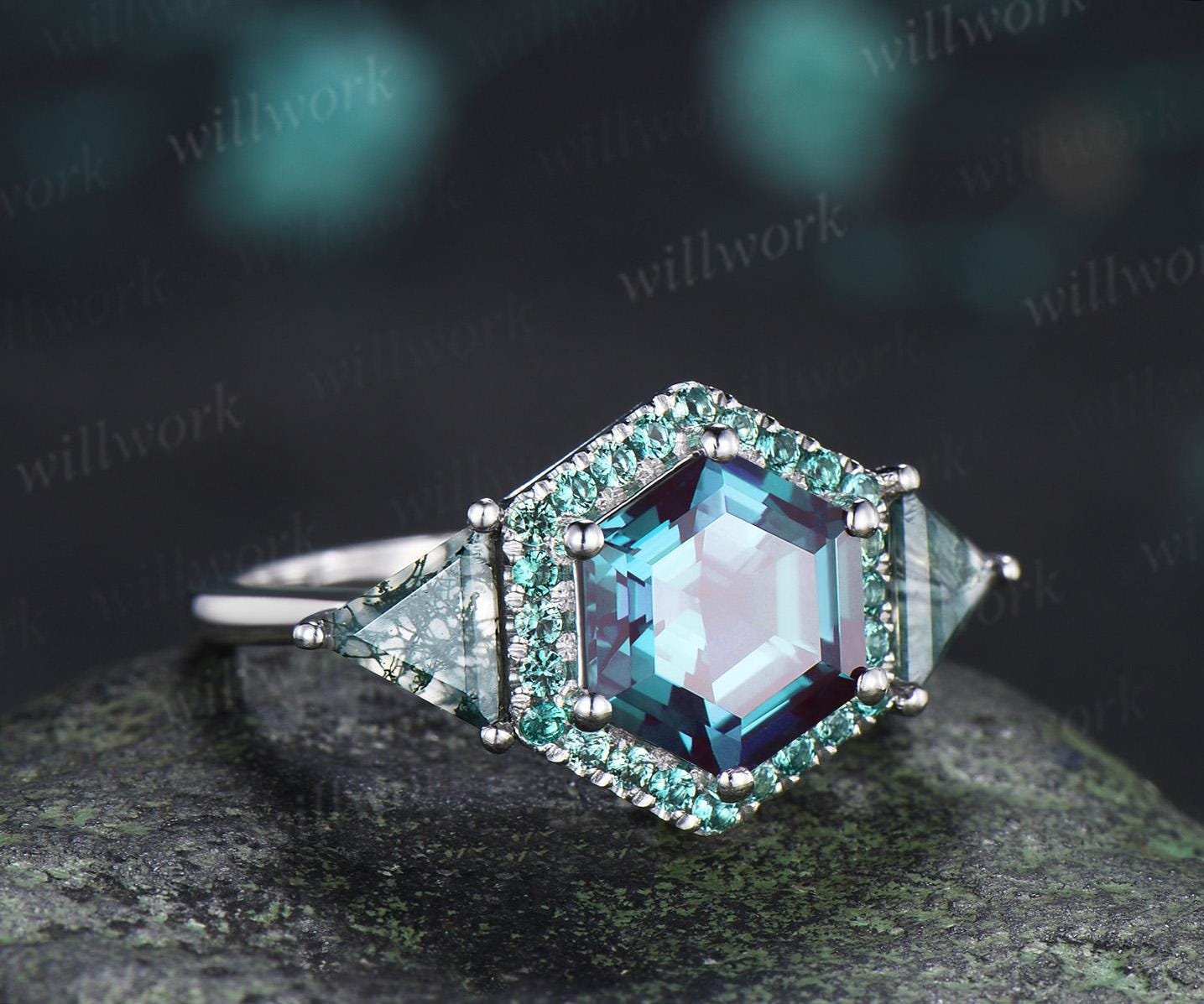 2ct hexagon cut alexandrite engagement ring 14k white gold halo emerald trillion moss agate promise wedding ring women silver
