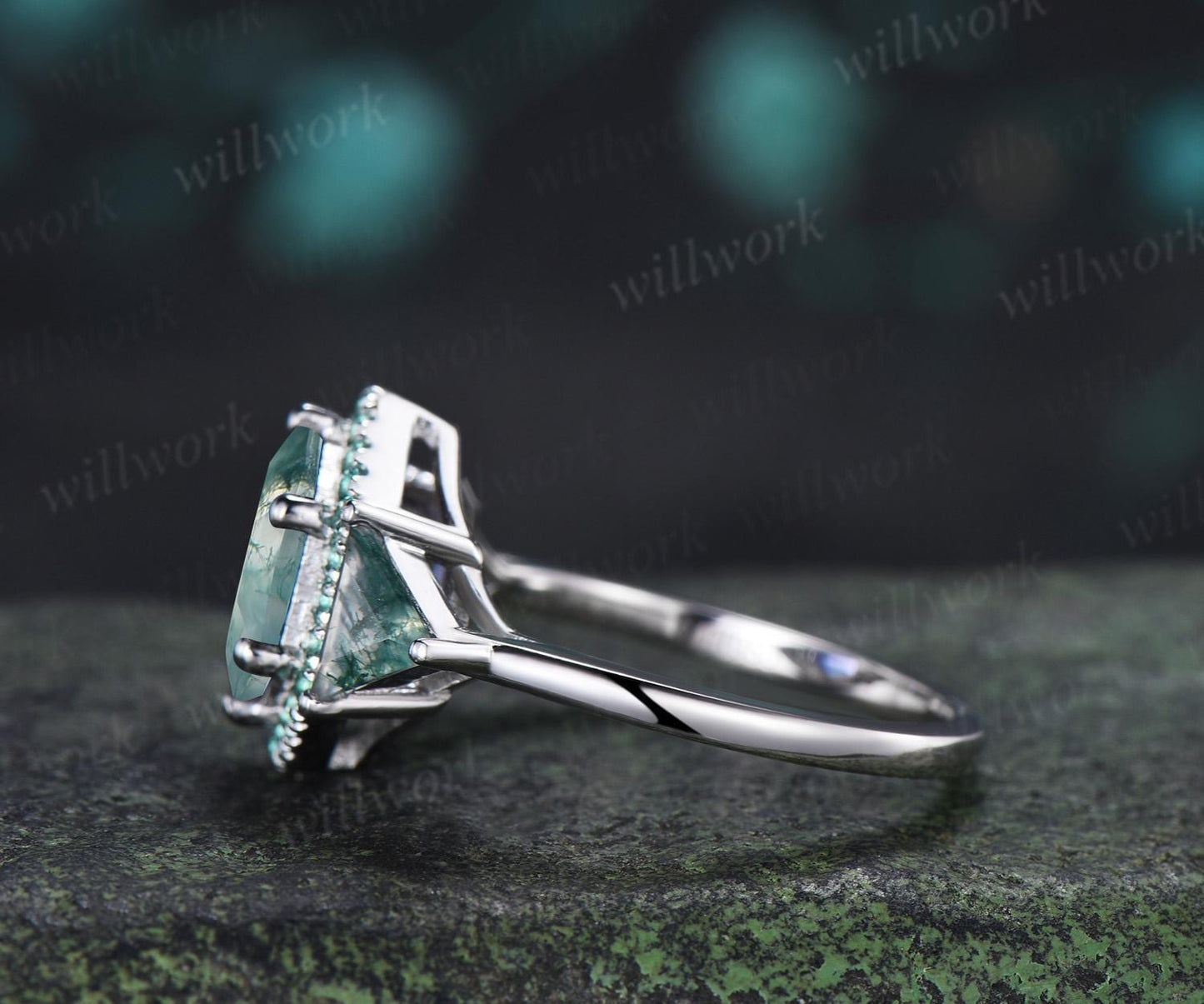 2ct hexagon trillion cut moss agate engagement ring 14k white gold halo emerald promise wedding ring women silver