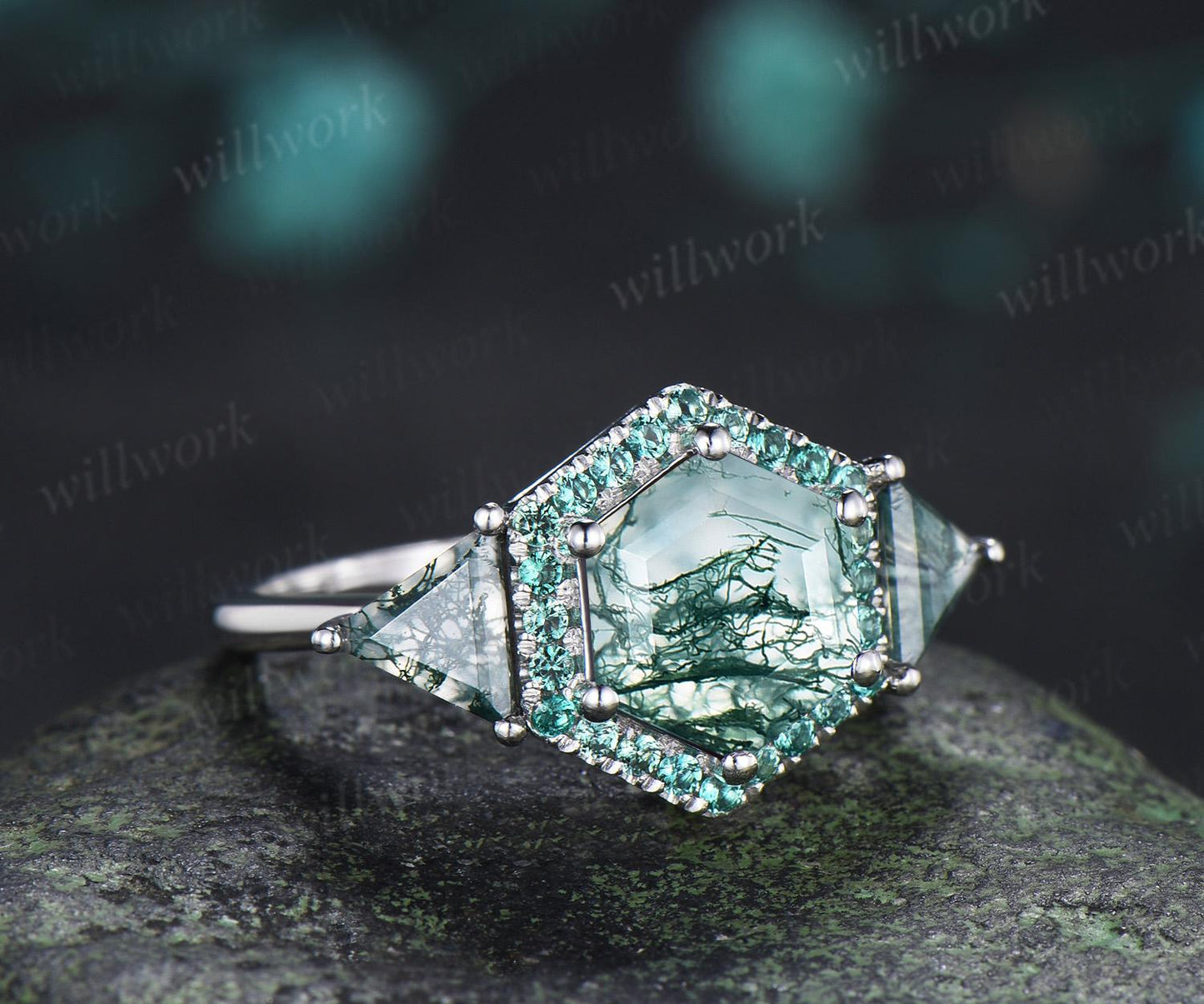 2ct hexagon trillion cut moss agate engagement ring 14k white gold halo emerald promise wedding ring women silver