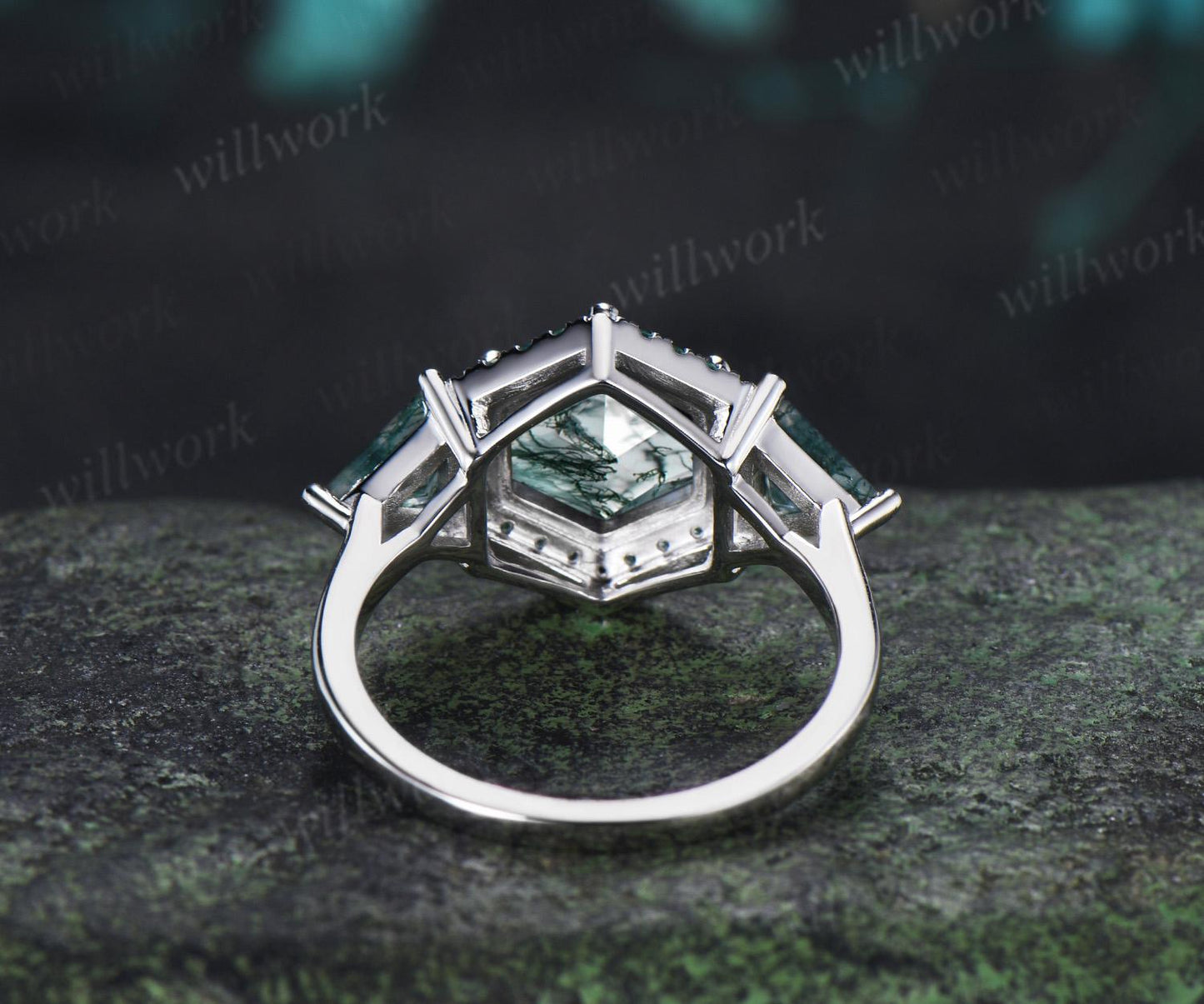 2ct hexagon trillion cut moss agate engagement ring 14k white gold halo emerald promise wedding ring women silver