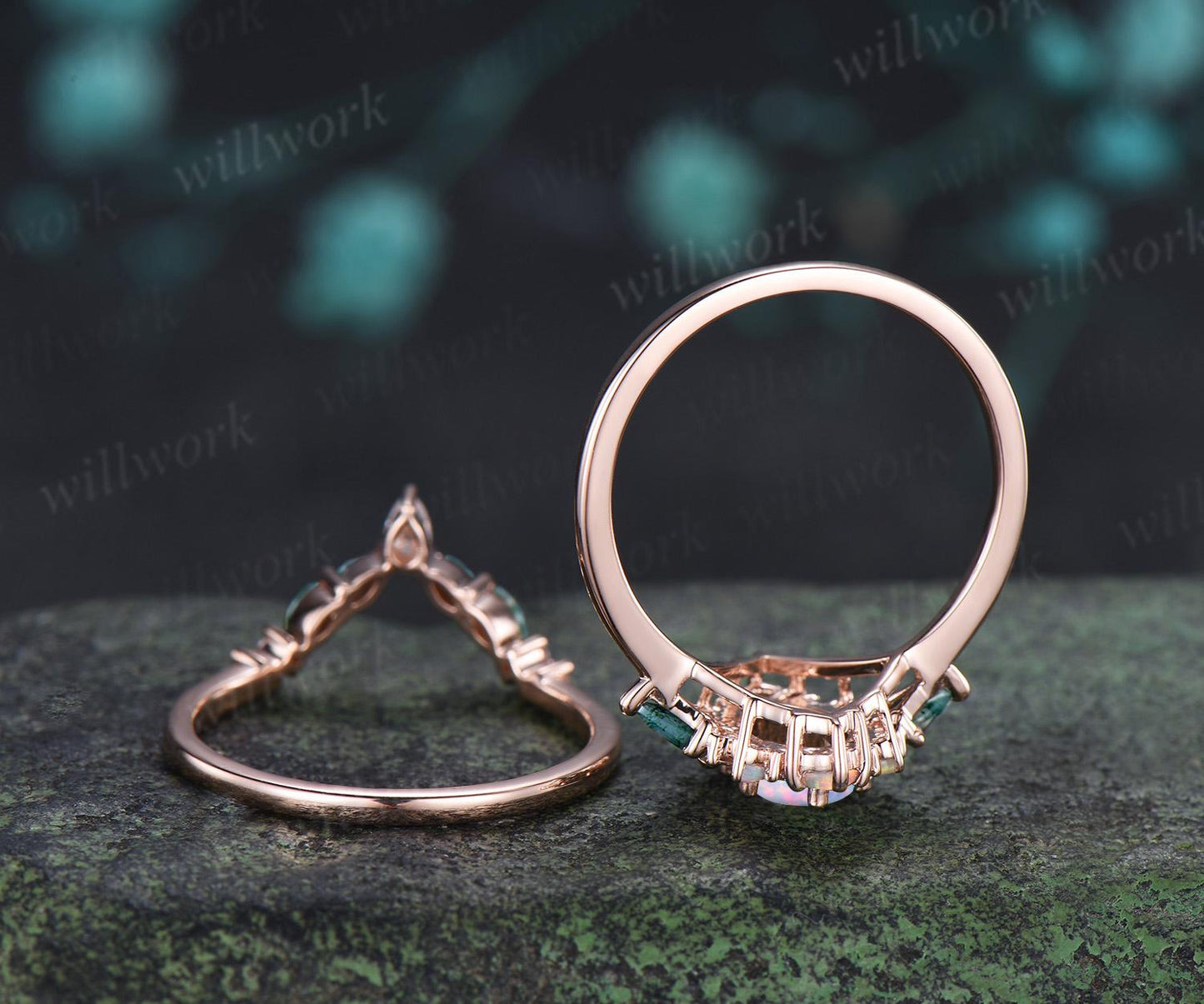 Oval opal engagement ring 14k rose gold kite moss agate square opal halo unique promise wedding ring set women silver
