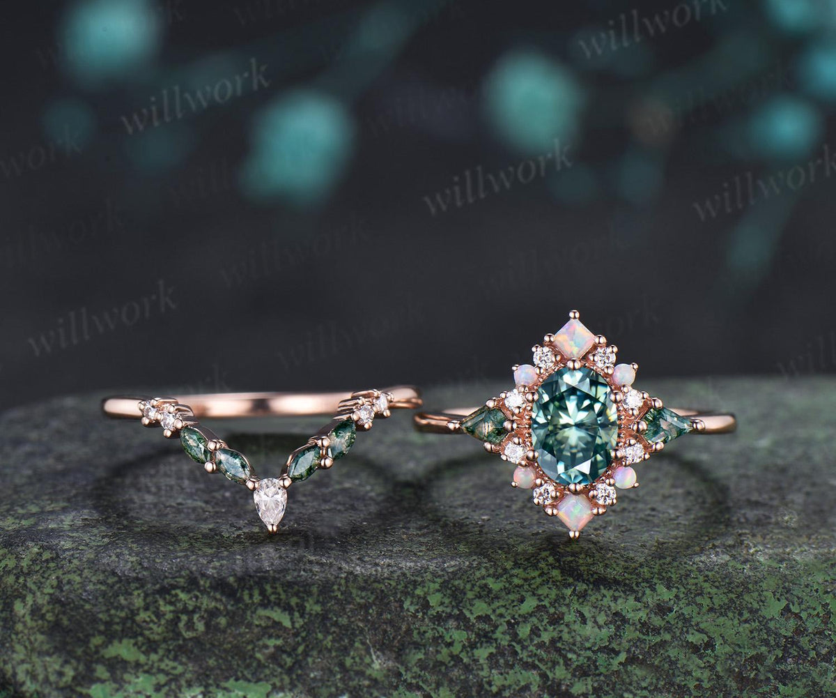 Oval green moissanite engagement ring 14k rose gold kite moss agate square opal halo unique bridal wedding ring set women silver