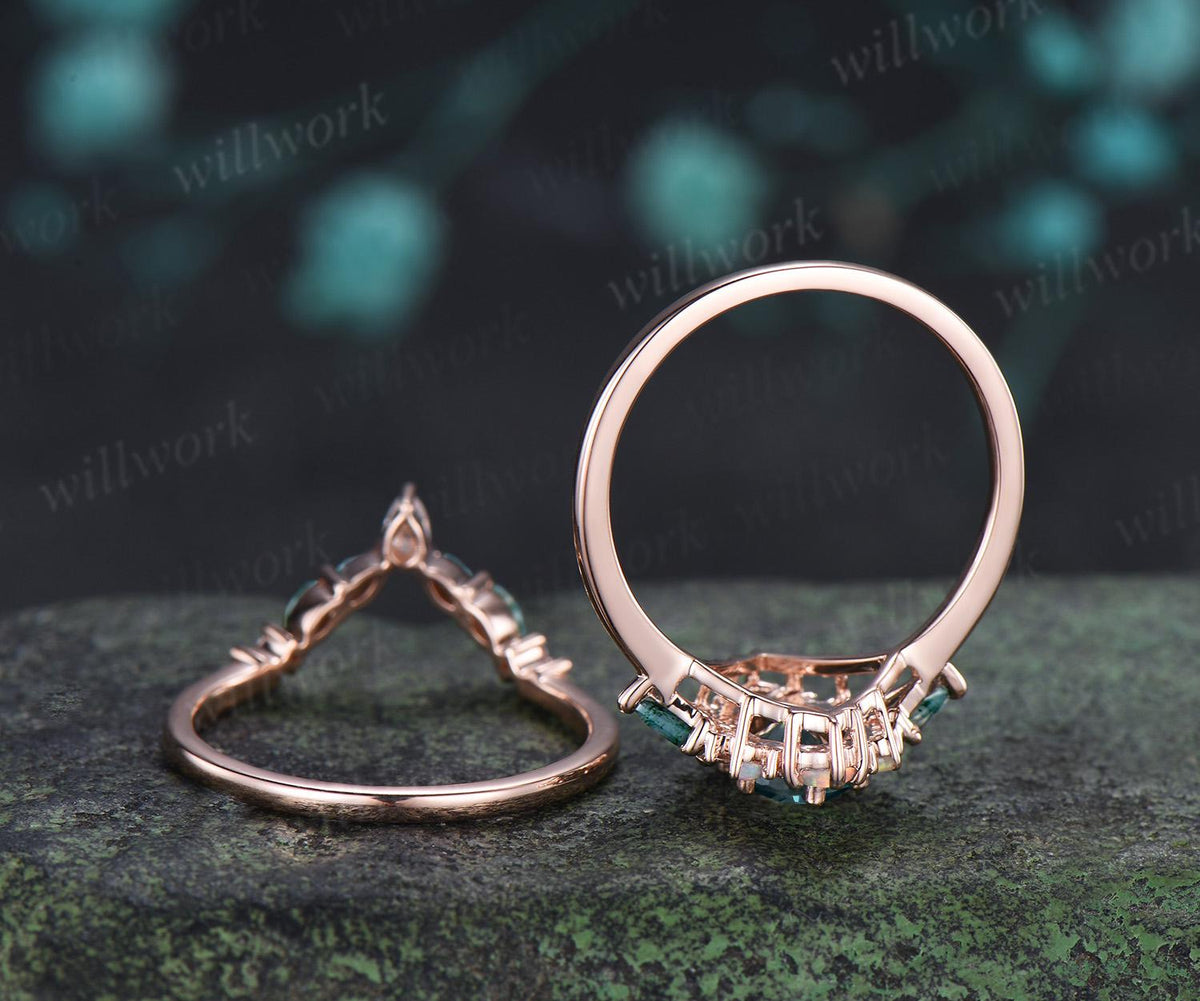 Oval green moissanite engagement ring 14k rose gold kite moss agate square opal halo unique bridal wedding ring set women silver