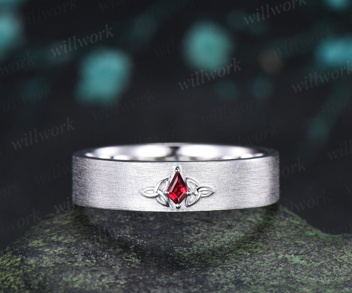 Kite cut red ruby celtic knot wedding band mens brushed bridal ring 14k white gold retro anniversary gift silver