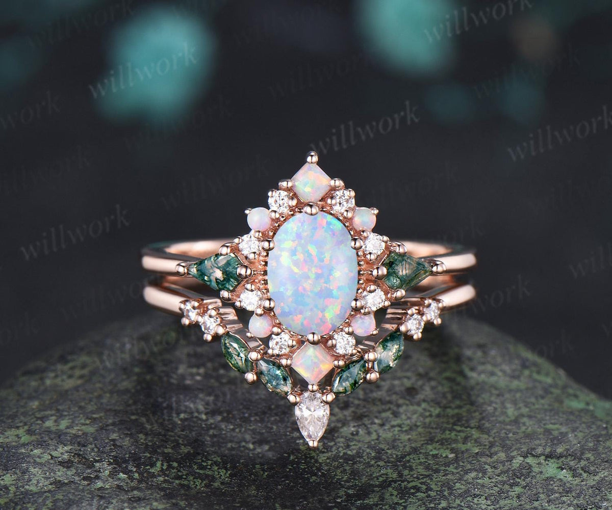 Oval opal engagement ring 14k rose gold kite moss agate square opal halo unique promise wedding ring set women silver