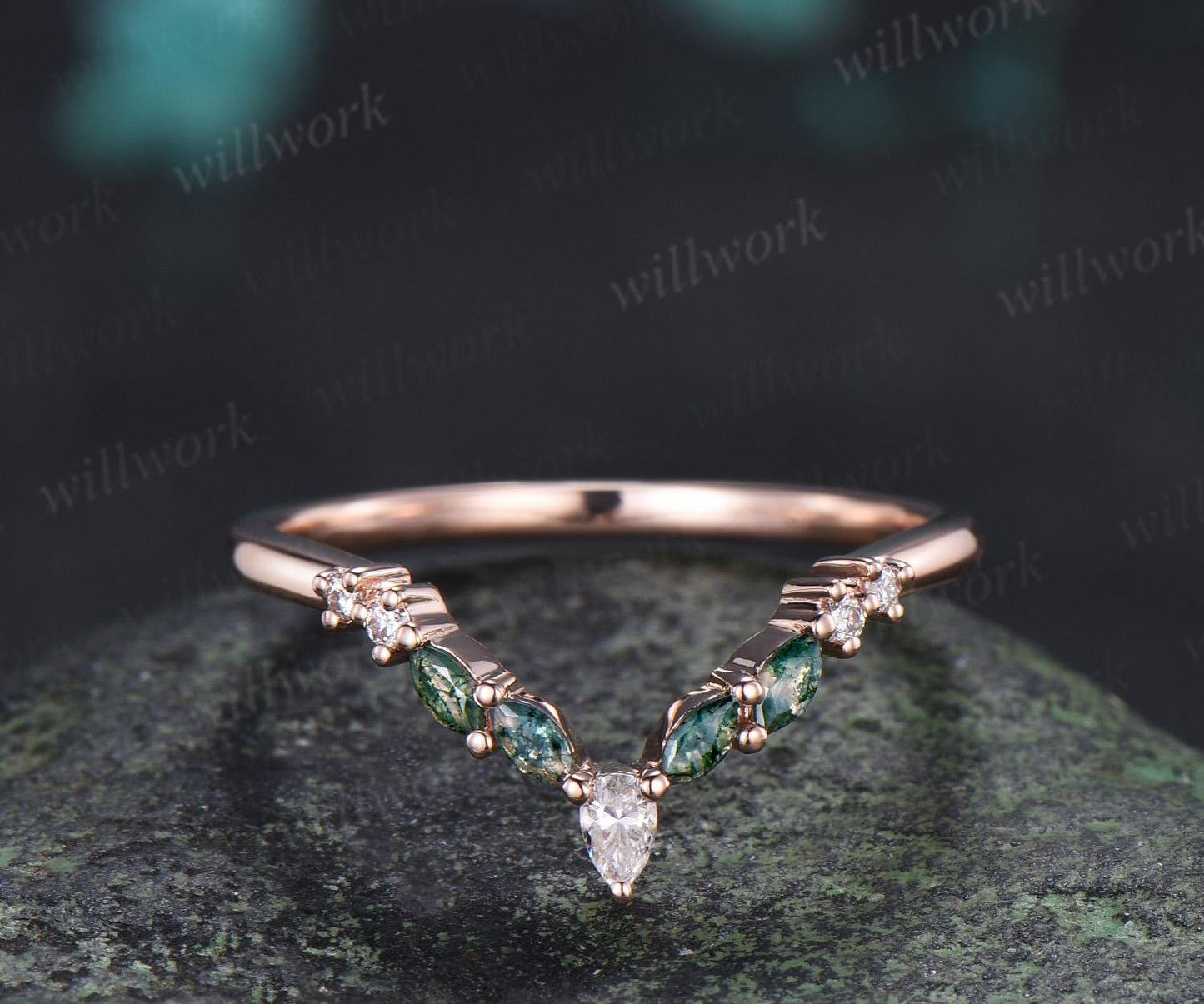 Marquise moss agate curved wedding band 14k rose gold pear moissanite matching stacking bridal wedding ring women gift