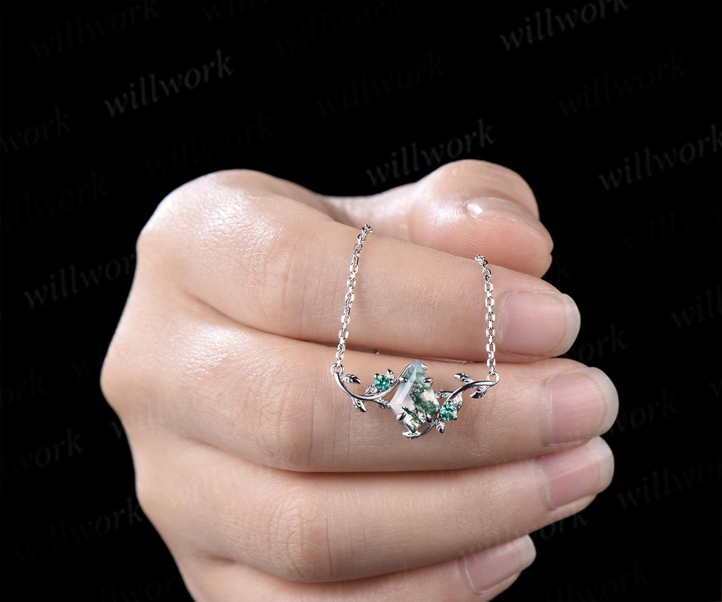 Kite green moss agate necklace vintage twisted leaf nature inspired three stone emerald unique pendant women anniversary bridal gift mother