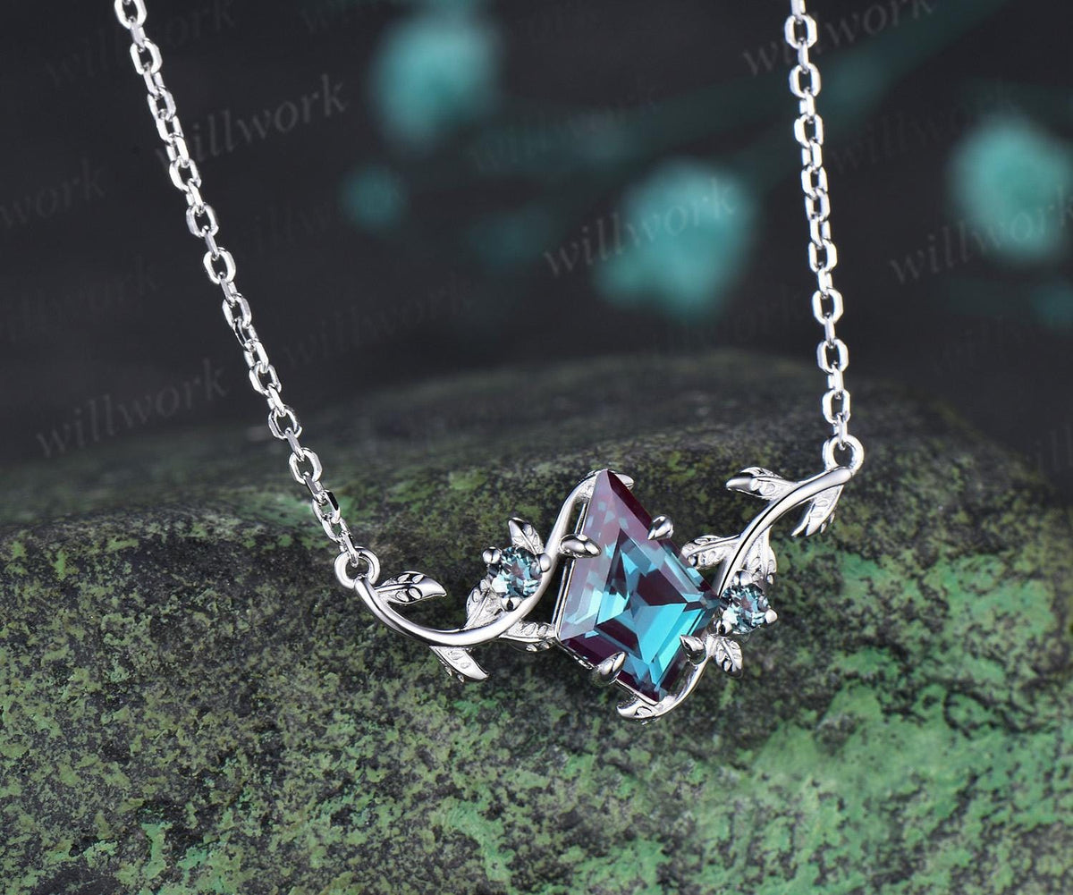 Kite cut alexandrite necklace vintage twisted leaf nature inspired three stone unique pendant women anniversary bridal gift mother