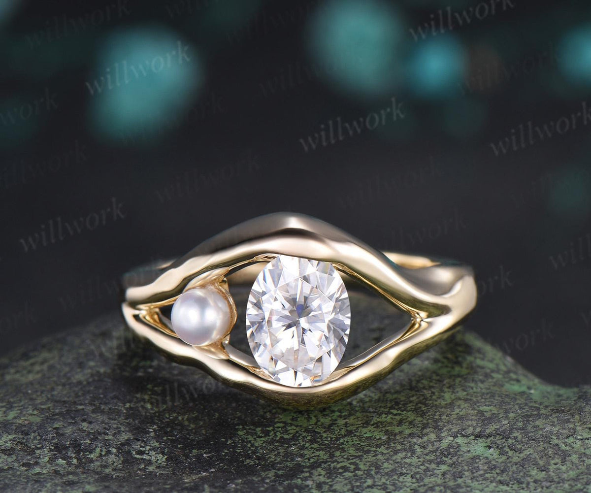Vintage oval cut moissanite pearl unique engagement ring solid 14k yellow gold anniversary wedding ring women gift