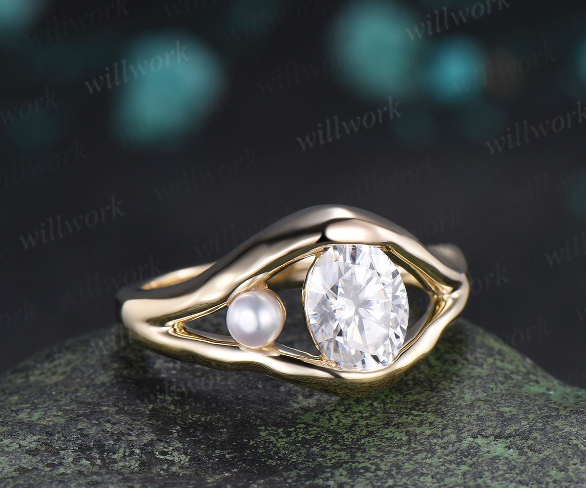 Vintage oval cut moissanite pearl unique engagement ring solid 14k yellow gold anniversary wedding ring women gift