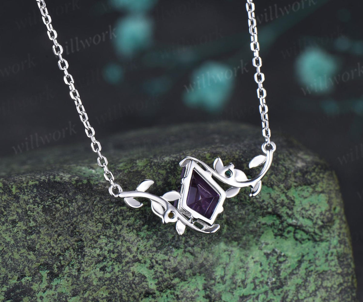 Kite cut purple sapphire necklace vintage twisted leaf nature inspired three stone unique pendant women anniversary bridal gift mother