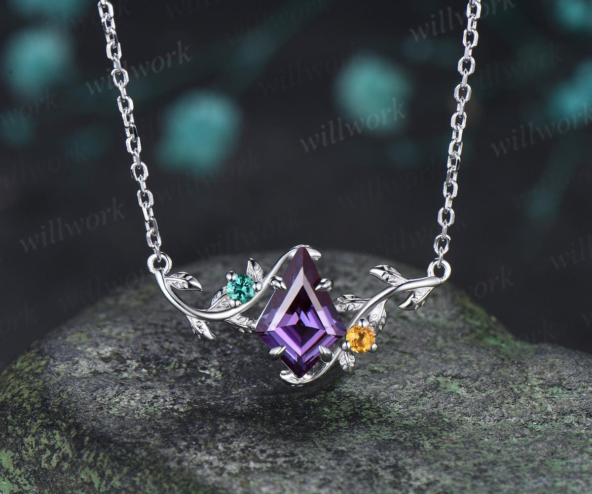 Kite cut purple sapphire necklace vintage twisted leaf nature inspired three stone unique pendant women anniversary bridal gift mother