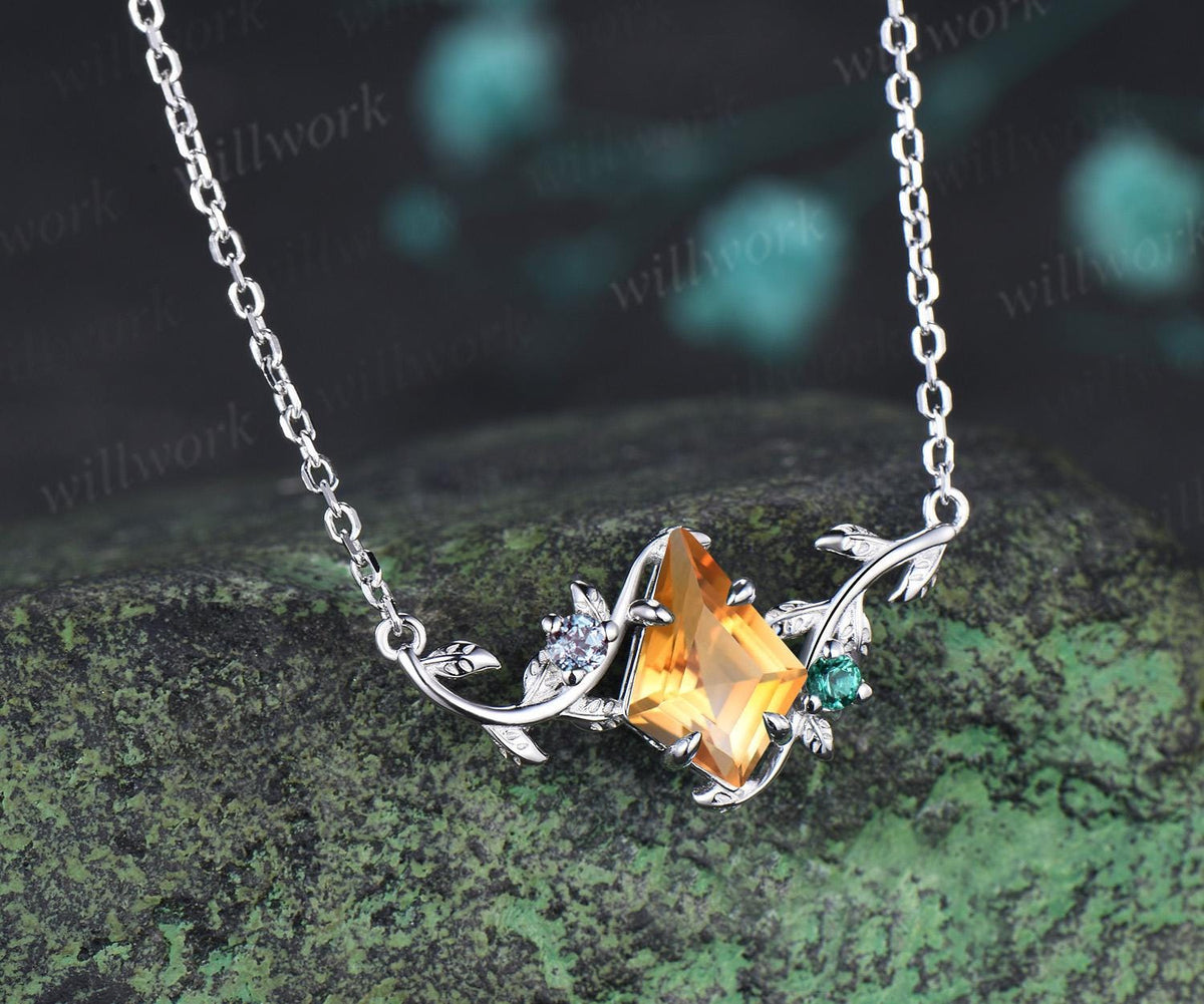 Kite cut yellow citrine necklace vintage twisted leaf nature inspired three stone emerald alexandrite women anniversary bridal gift mother
