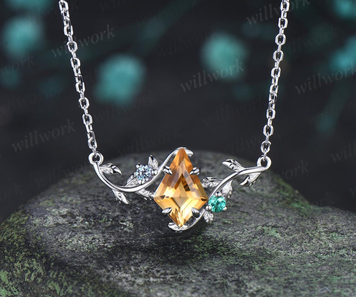 Kite cut yellow citrine necklace vintage twisted leaf nature inspired three stone emerald alexandrite women anniversary bridal gift mother