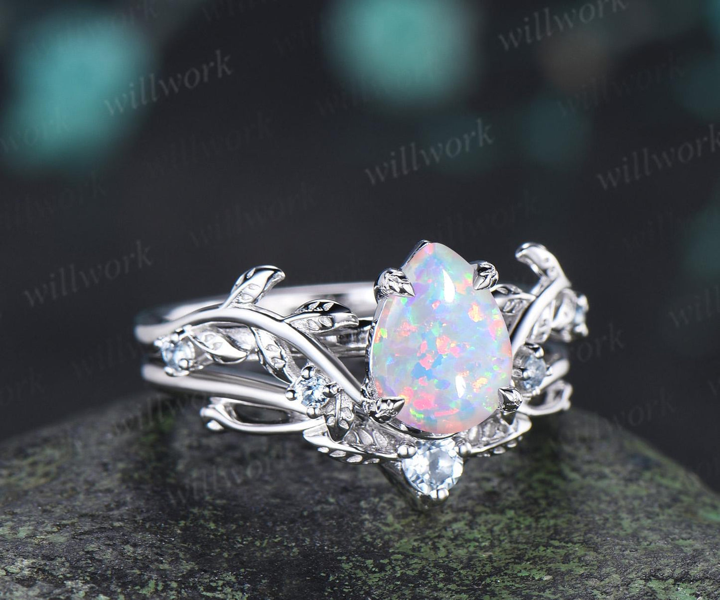 Teardrop pear opal engagement ring 14k white gold cluster leaf nature inspired aquamarine anniversary wedding ring set women gift
