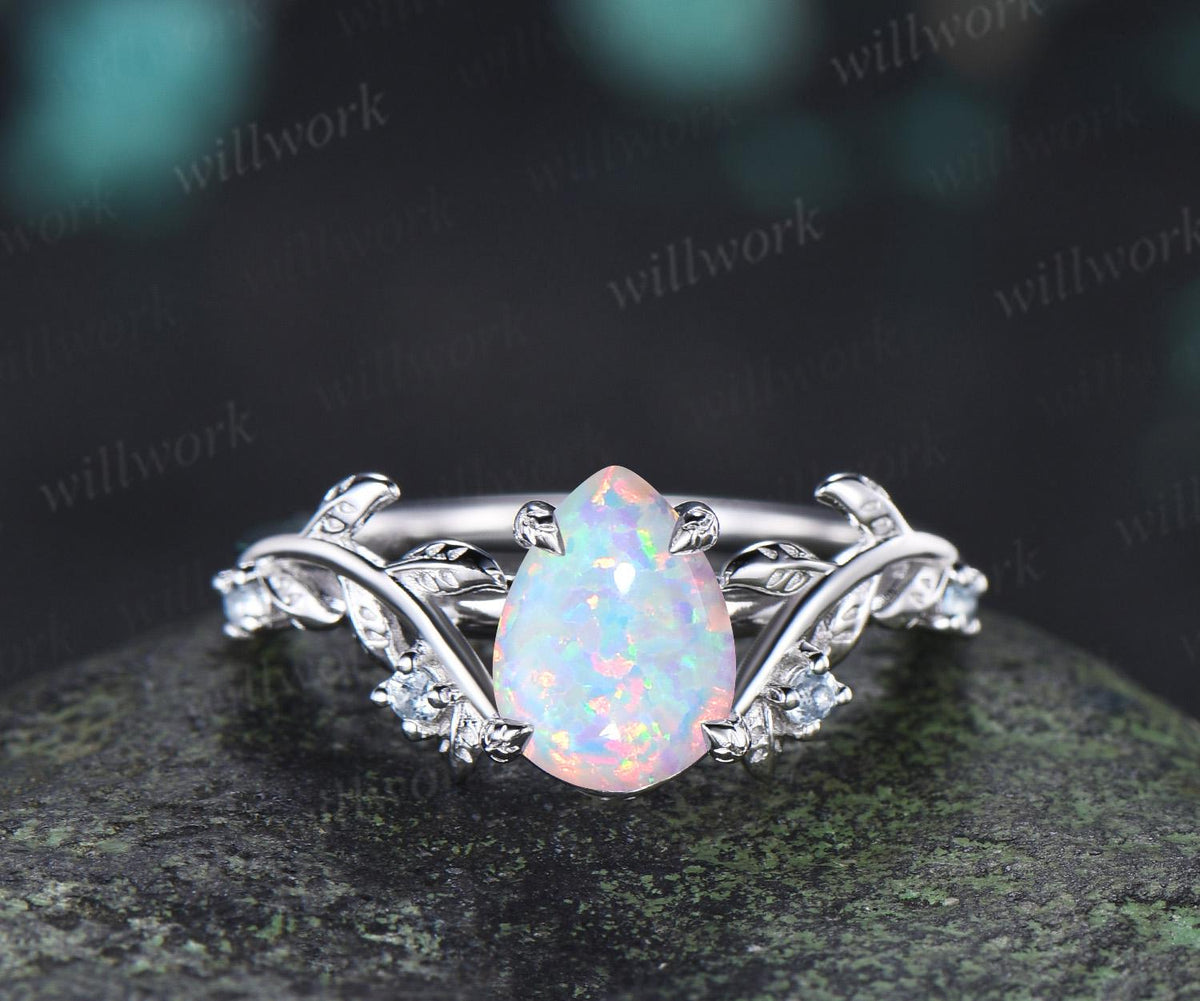 Teardrop pear opal engagement ring 14k white gold cluster leaf nature inspired aquamarine anniversary wedding ring set women gift