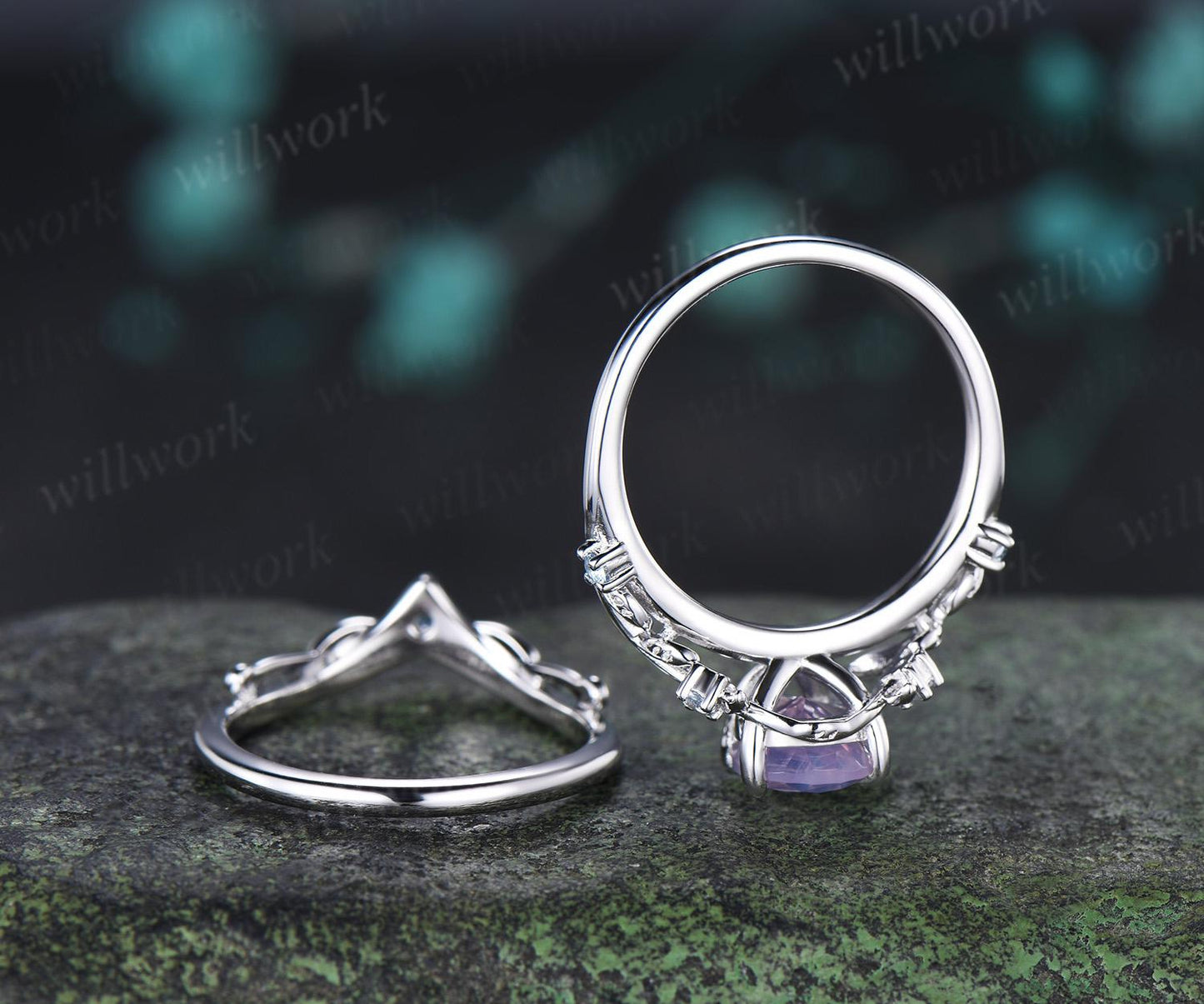 Teardrop pear cut Lavender Amethyst engagement ring 14k white gold cluster leaf nature inspired aquamarine  wedding ring set women gift