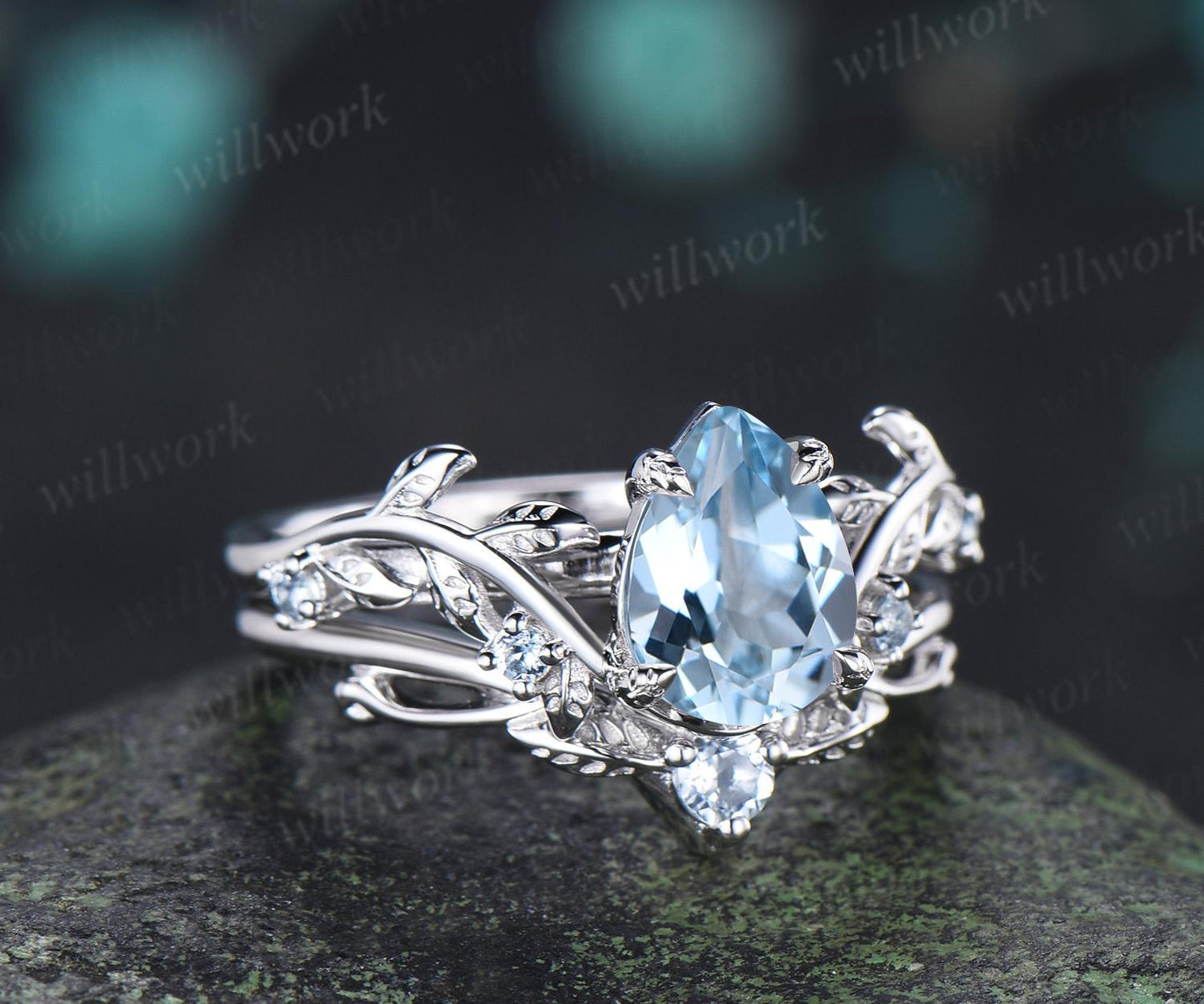 Teardrop pear cut aquamarine engagement ring 14k white gold vintage leaf nature inspired stacking promise wedding ring set women gift
