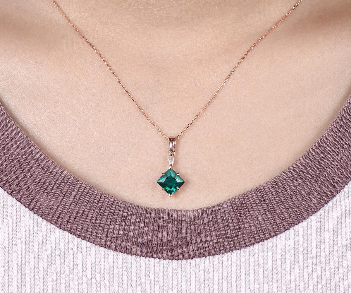 Princess cut green emerald necklace 14k rose gold two stone marquise moissanite pendant women her gemstone anniversary bridal gift mother