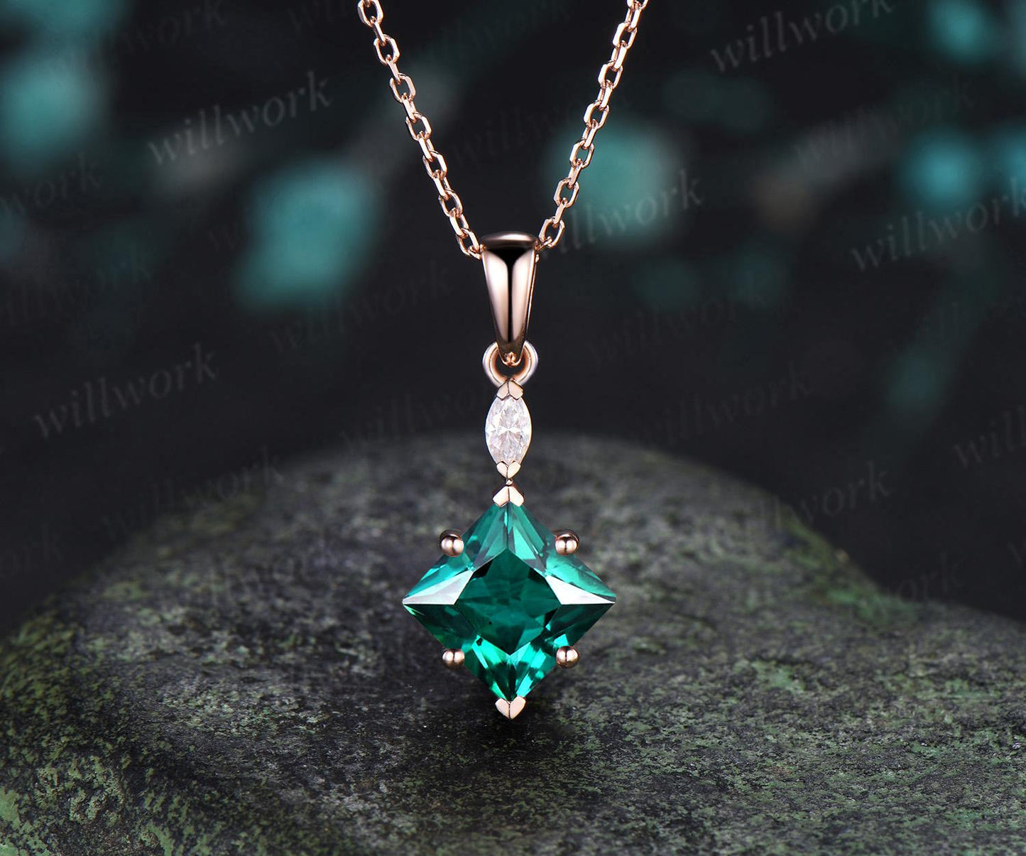 Princess cut green emerald necklace 14k rose gold two stone marquise moissanite pendant women her gemstone anniversary bridal gift mother