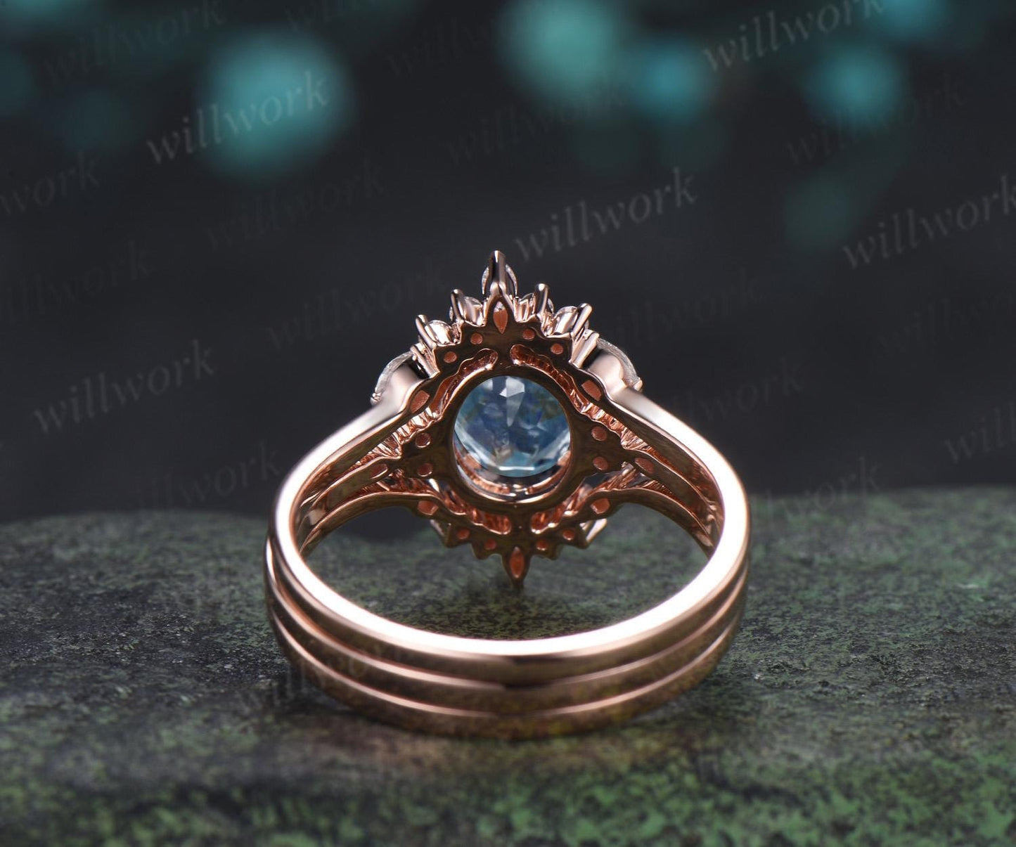 Oval cut aquamarine engagement ring rose gold halo London blue topaz stacking bridal wedding ring set women jewelry