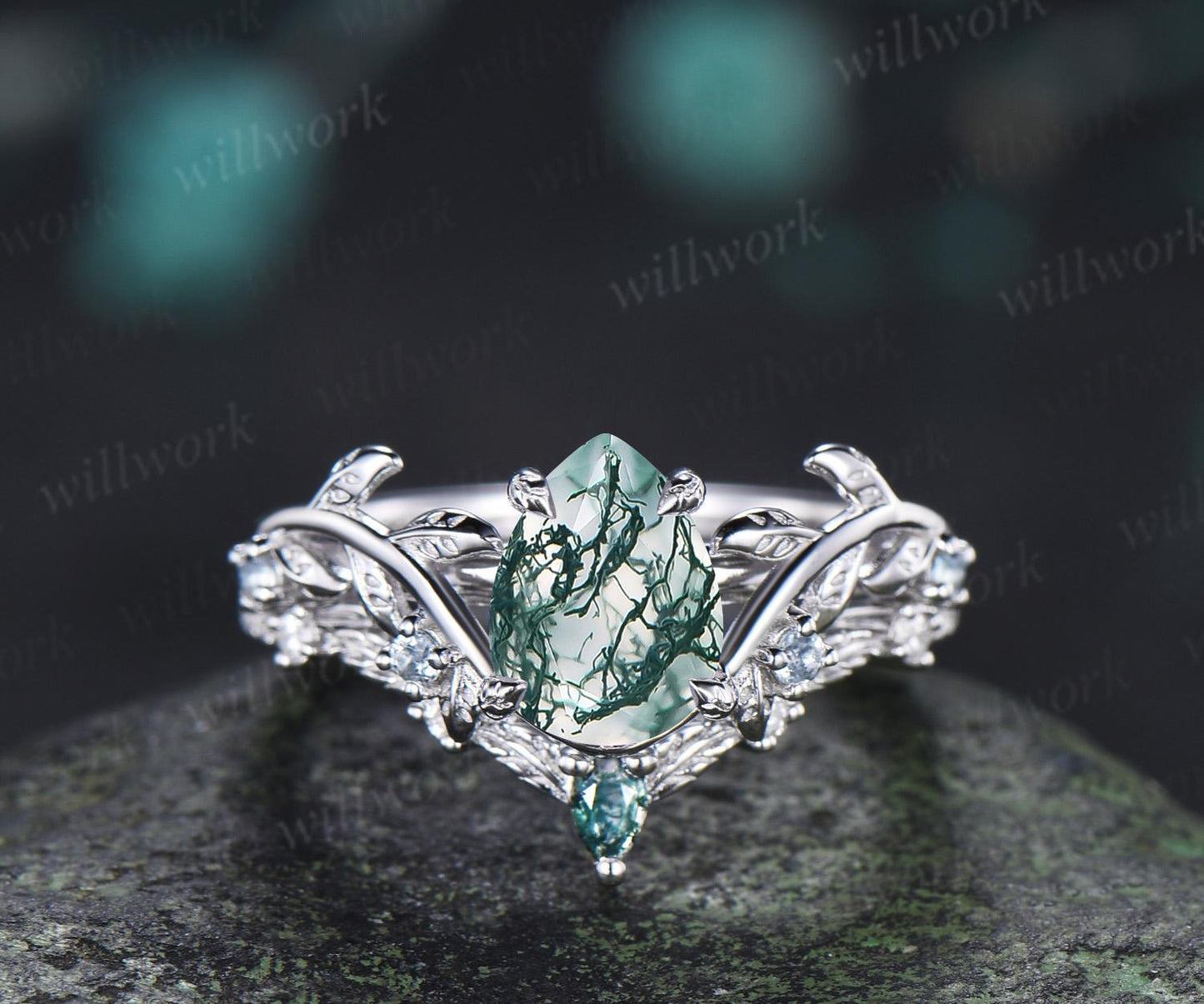 Vintage pear cut green moss agate engagement ring 14k white gold cluster leaf nature inspired aquamarine anniversary wedding ring set women