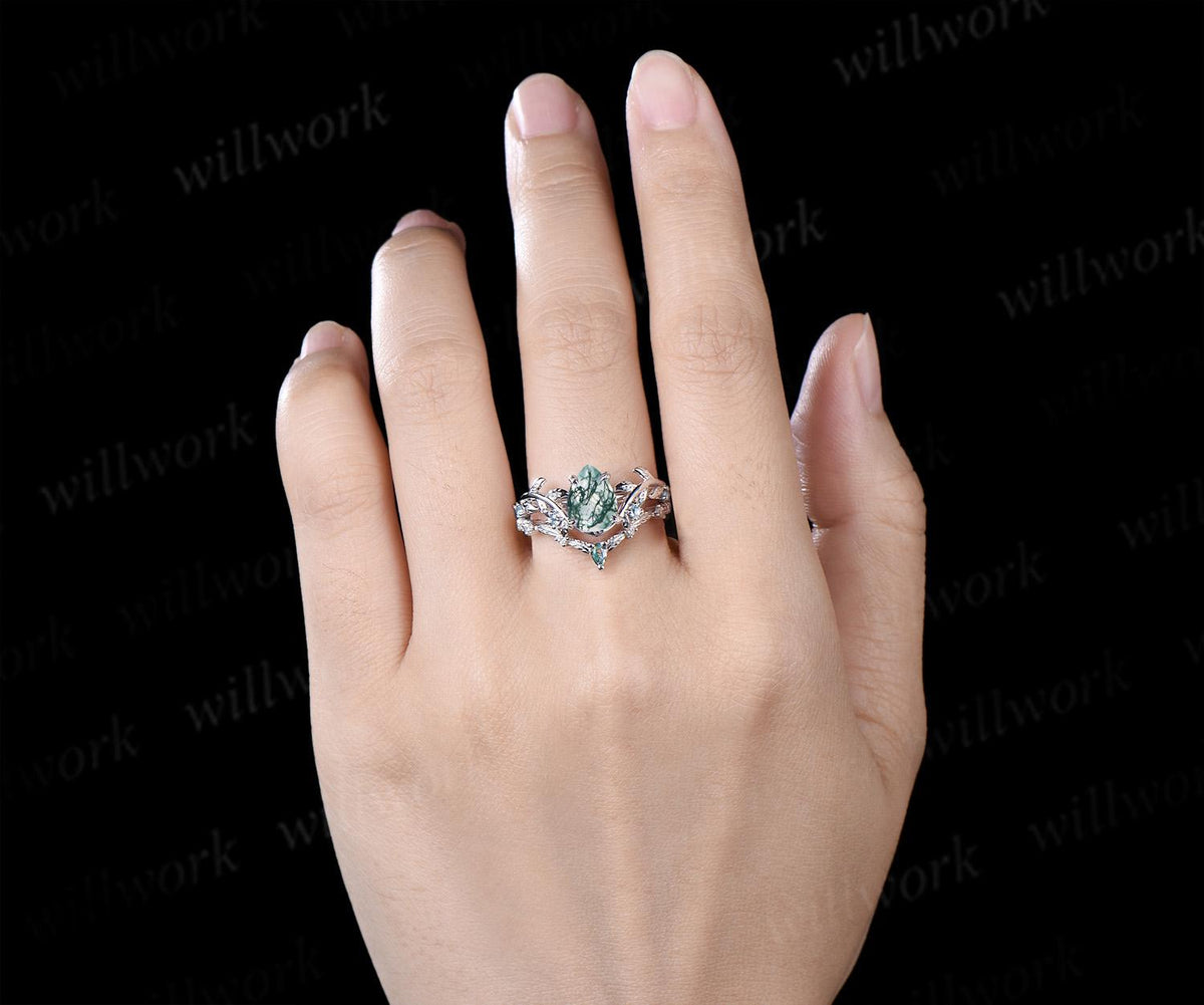 Vintage pear cut green moss agate engagement ring 14k white gold cluster leaf nature inspired aquamarine anniversary wedding ring set women