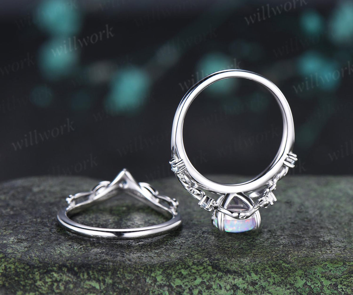Teardrop pear opal engagement ring 14k white gold cluster leaf nature inspired aquamarine anniversary wedding ring set women gift