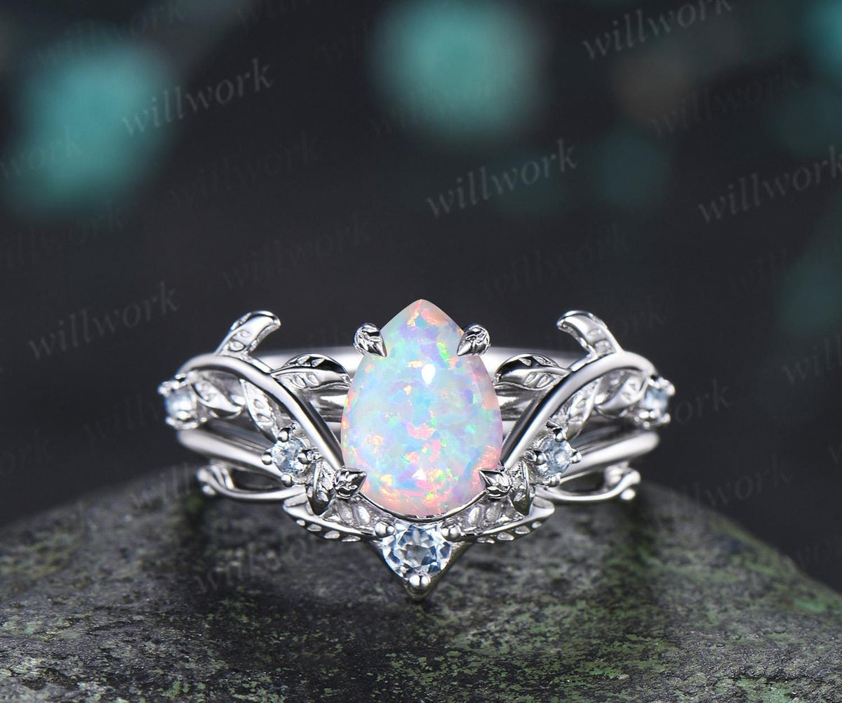 Teardrop pear opal engagement ring 14k white gold cluster leaf nature inspired aquamarine anniversary wedding ring set women gift
