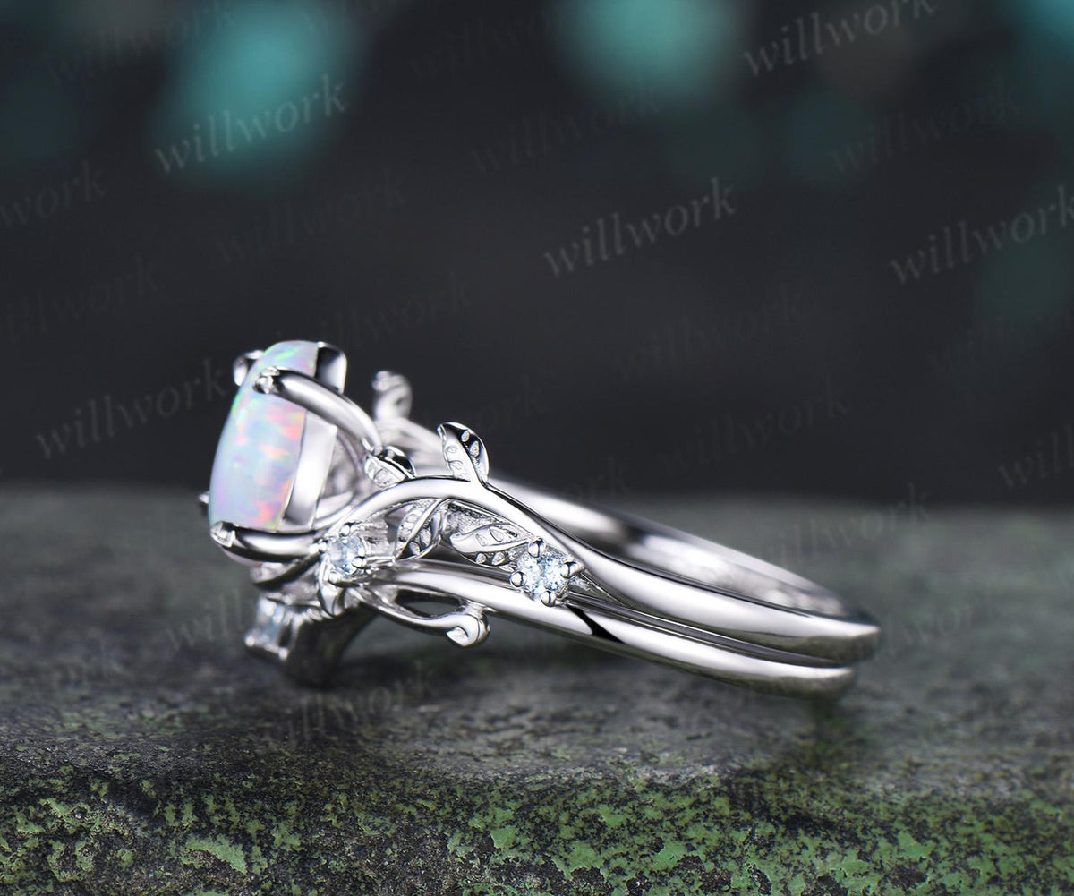 Teardrop pear opal engagement ring 14k white gold cluster leaf nature inspired aquamarine anniversary wedding ring set women gift