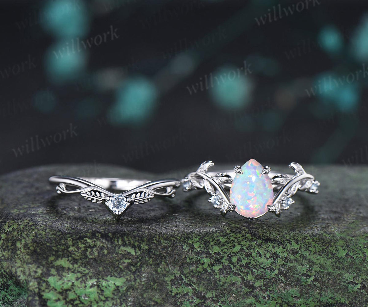 Teardrop pear opal engagement ring 14k white gold cluster leaf nature inspired aquamarine anniversary wedding ring set women gift