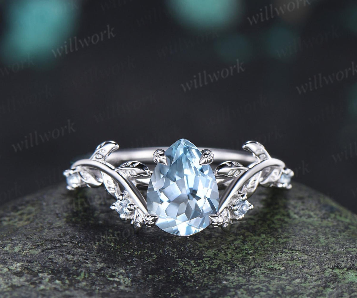 Teardrop pear cut aquamarine engagement ring 14k white gold vintage leaf nature inspired stacking promise wedding ring set women gift