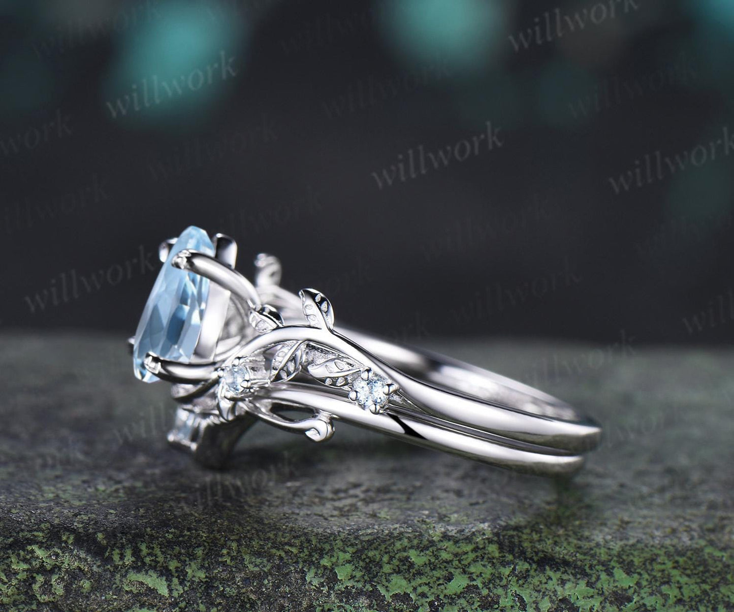 Teardrop pear cut aquamarine engagement ring 14k white gold vintage leaf nature inspired stacking promise wedding ring set women gift