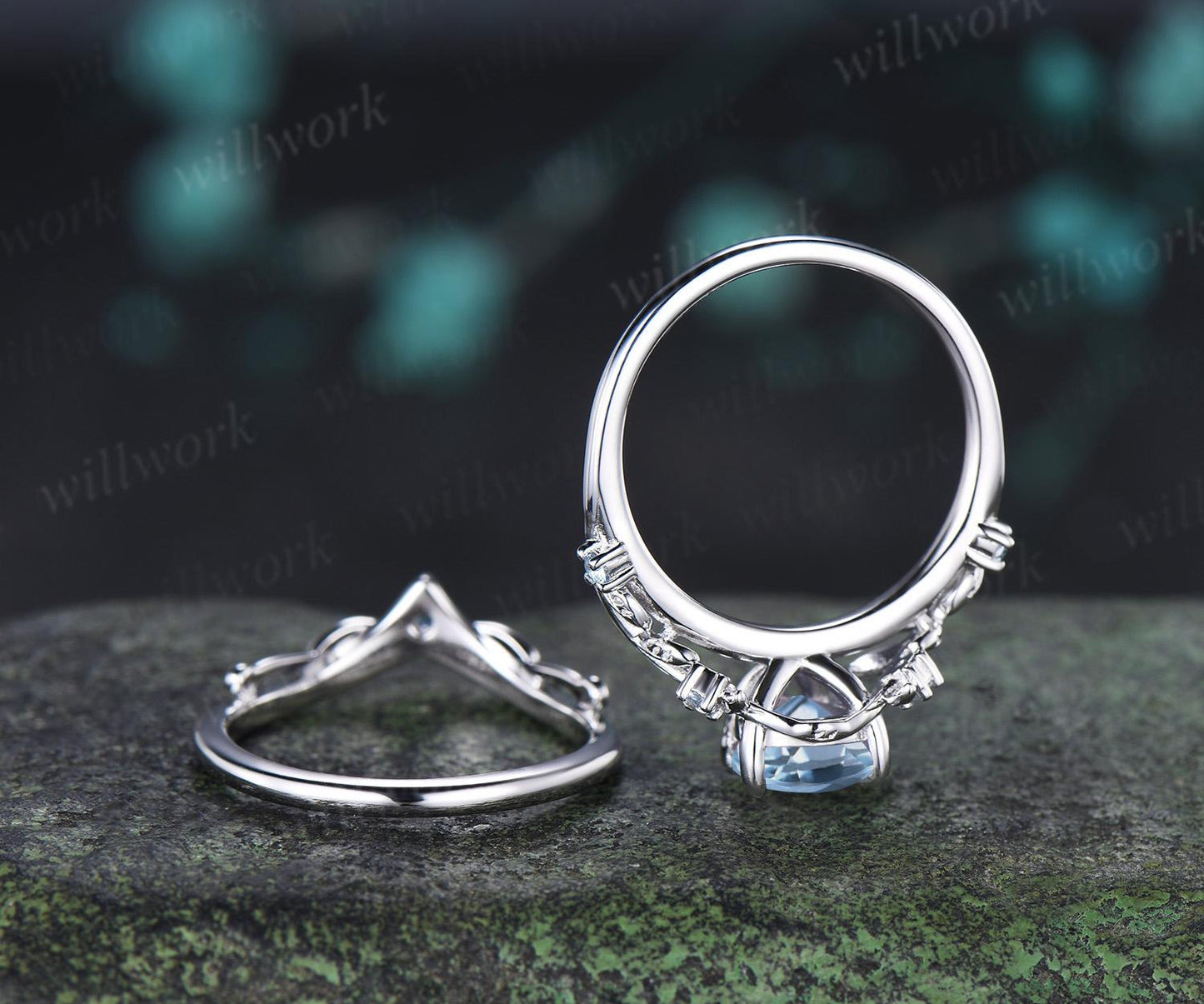 Teardrop pear cut aquamarine engagement ring 14k white gold vintage leaf nature inspired stacking promise wedding ring set women gift