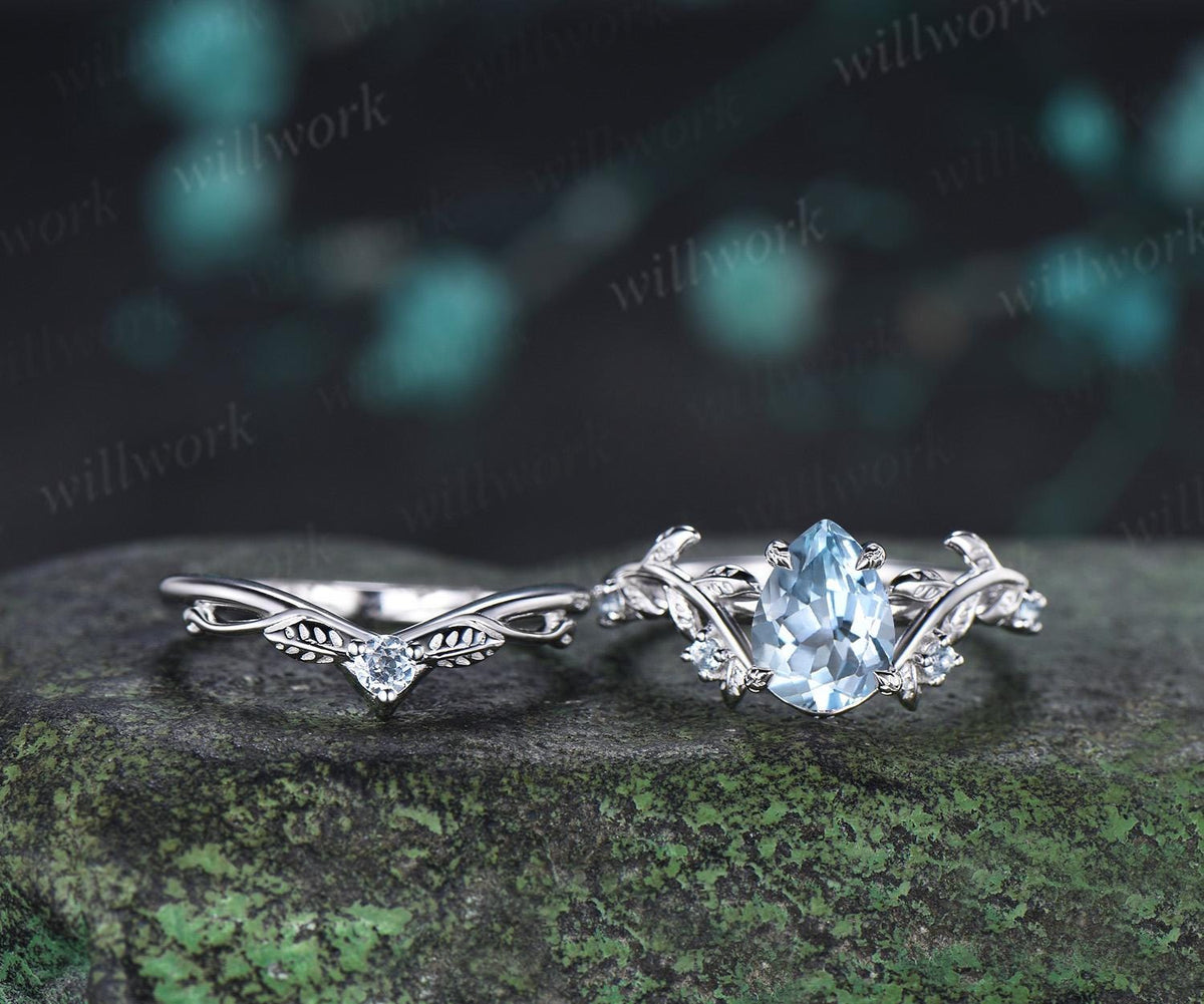Teardrop pear cut aquamarine engagement ring 14k white gold vintage leaf nature inspired stacking promise wedding ring set women gift