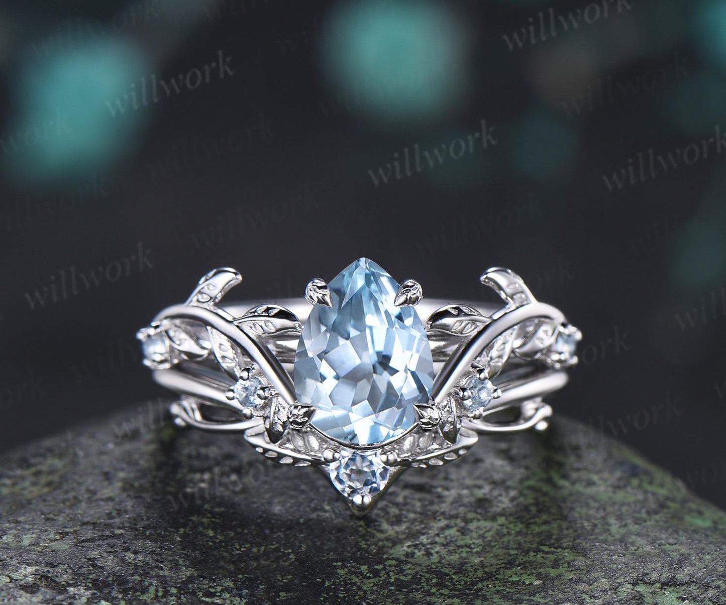 Teardrop pear cut aquamarine engagement ring 14k white gold vintage leaf nature inspired stacking promise wedding ring set women gift