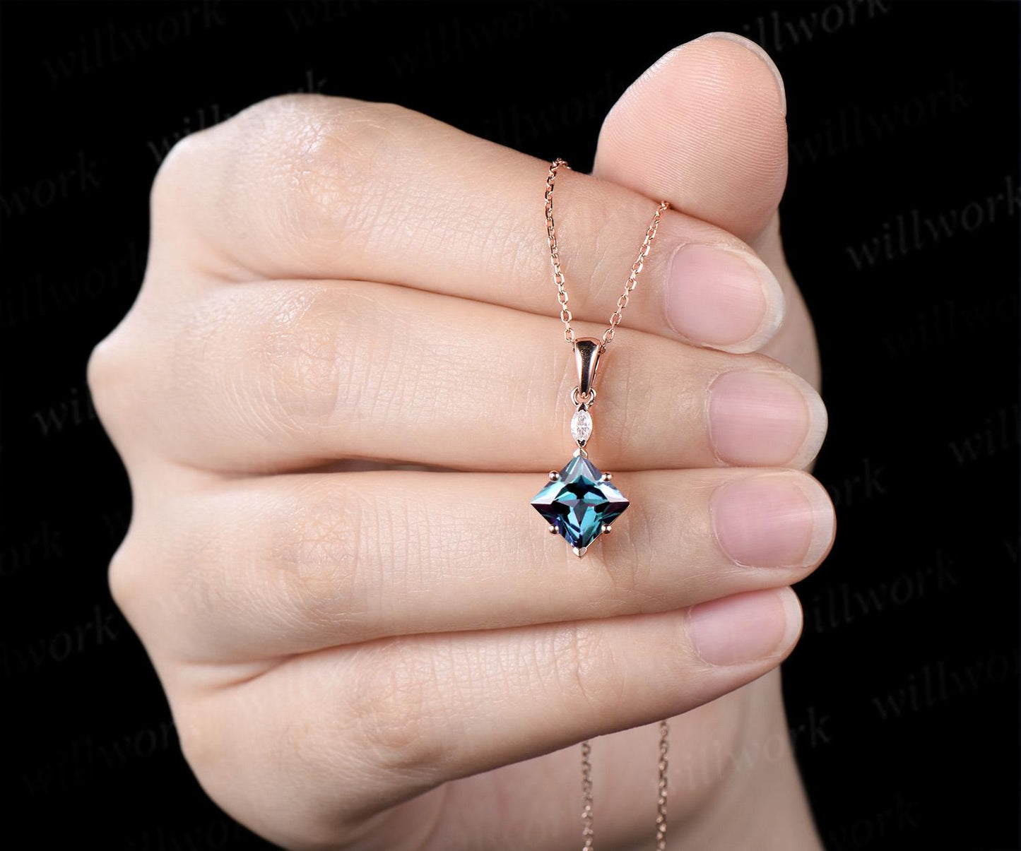 Princess cut alexandrite necklace 14k rose gold two stone marquise moissanite pendant women her gemstone anniversary bridal gift mother